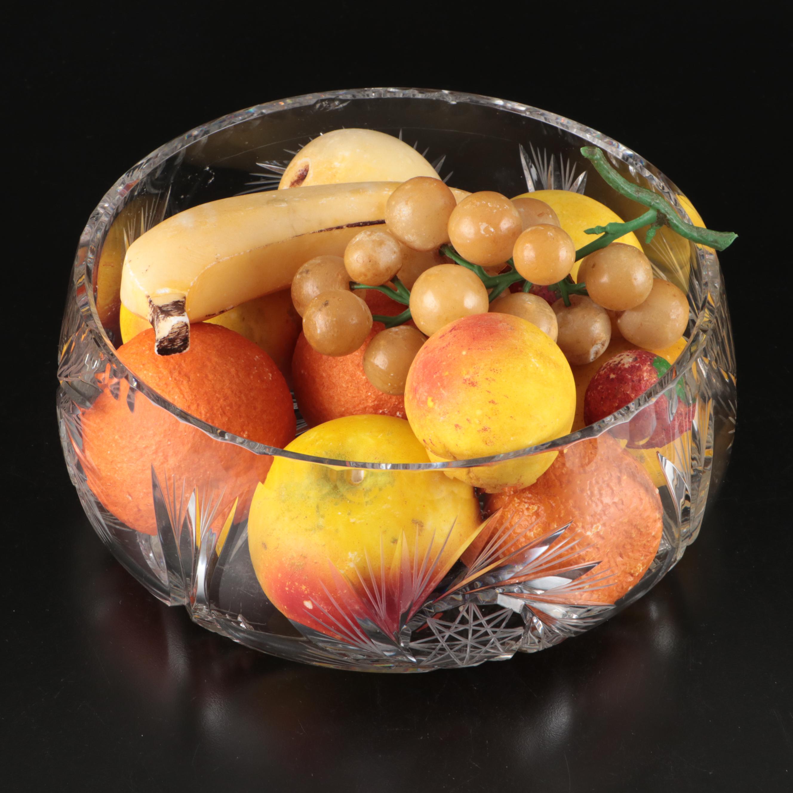 Stone and Ceramic Fruit with American Brilliant Style Pinwheel Crystal Bowl