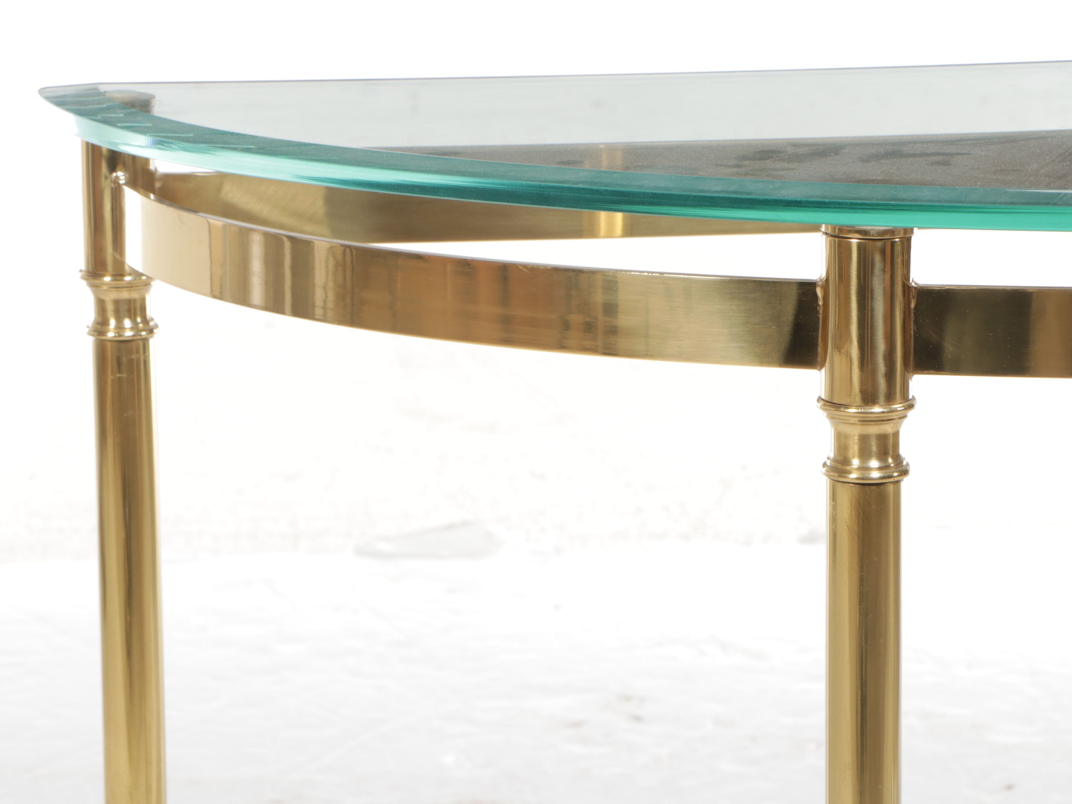 Regency Style Brass Frame Demilune Console Table with Glass Top
