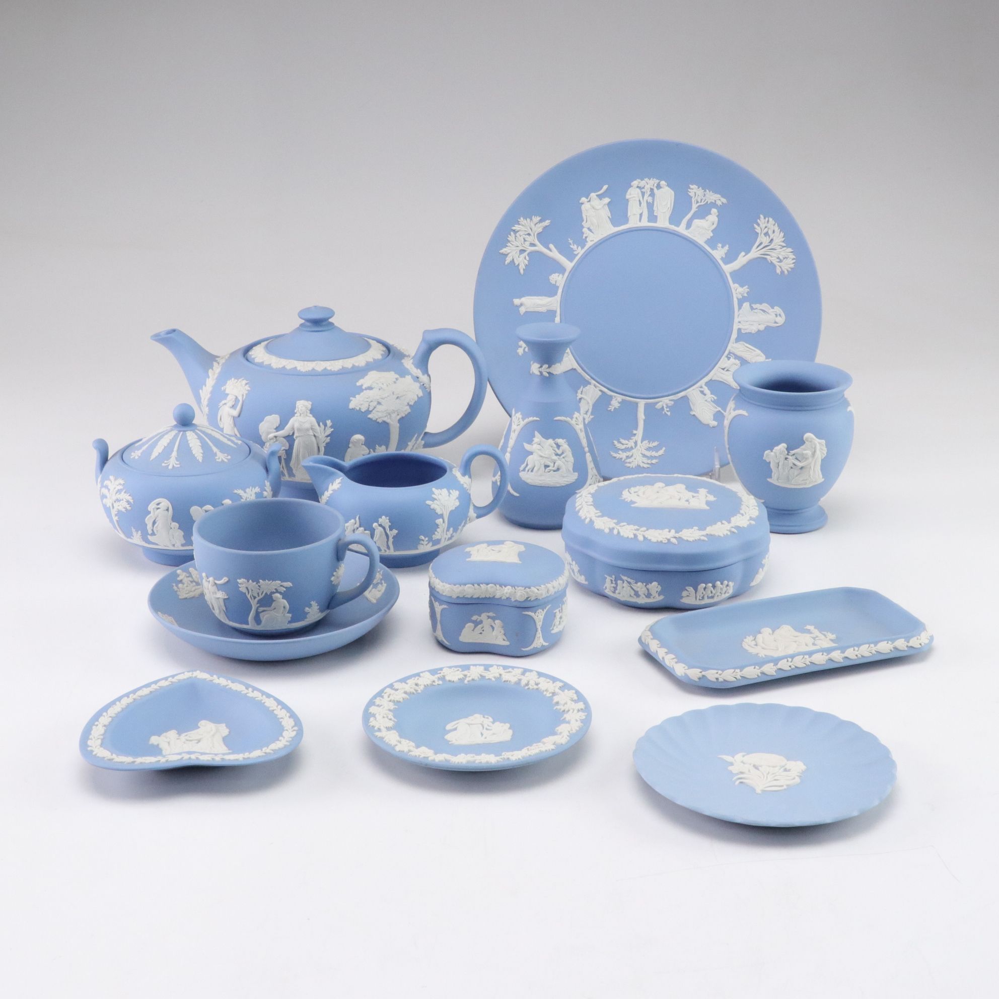 Wedgwood Blue Jasperware Teapot with Creamer, Sugar, Trinket Boxes and Vases
