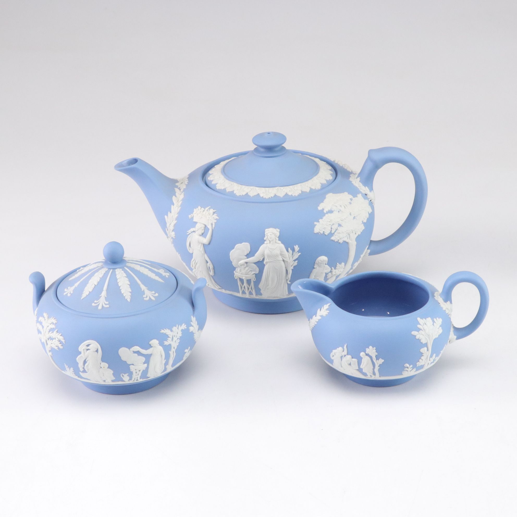 Wedgwood Blue Jasperware Teapot with Creamer, Sugar, Trinket Boxes and Vases