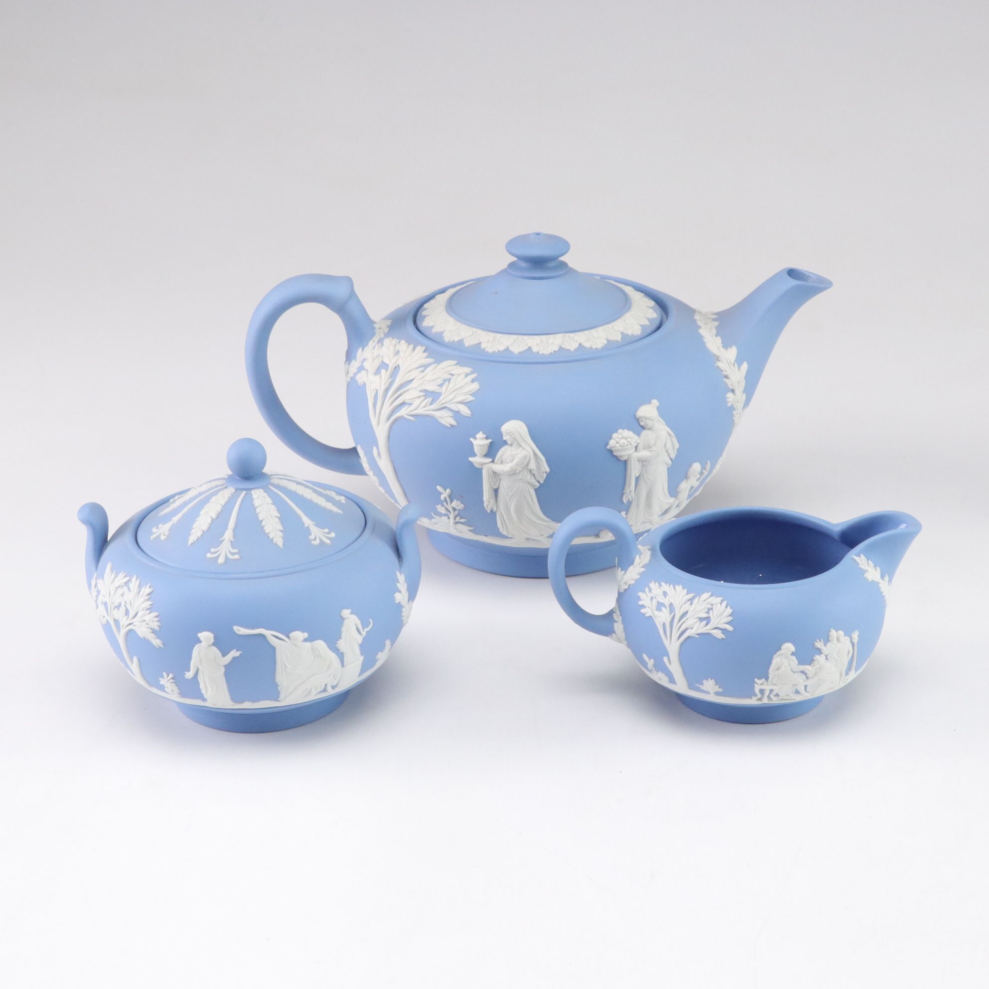 Wedgwood Blue Jasperware Teapot with Creamer, Sugar, Trinket Boxes and Vases
