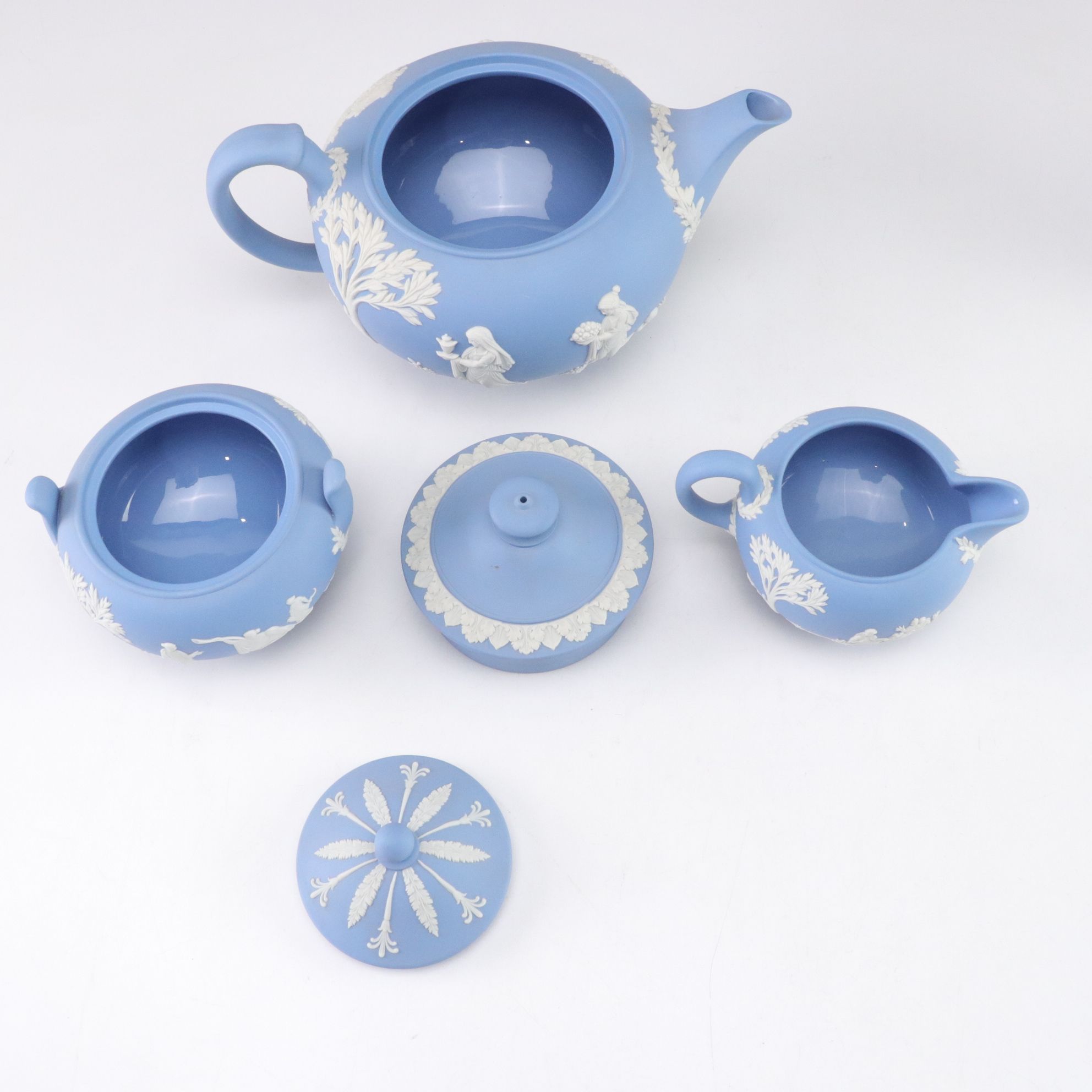 Wedgwood Blue Jasperware Teapot with Creamer, Sugar, Trinket Boxes and Vases