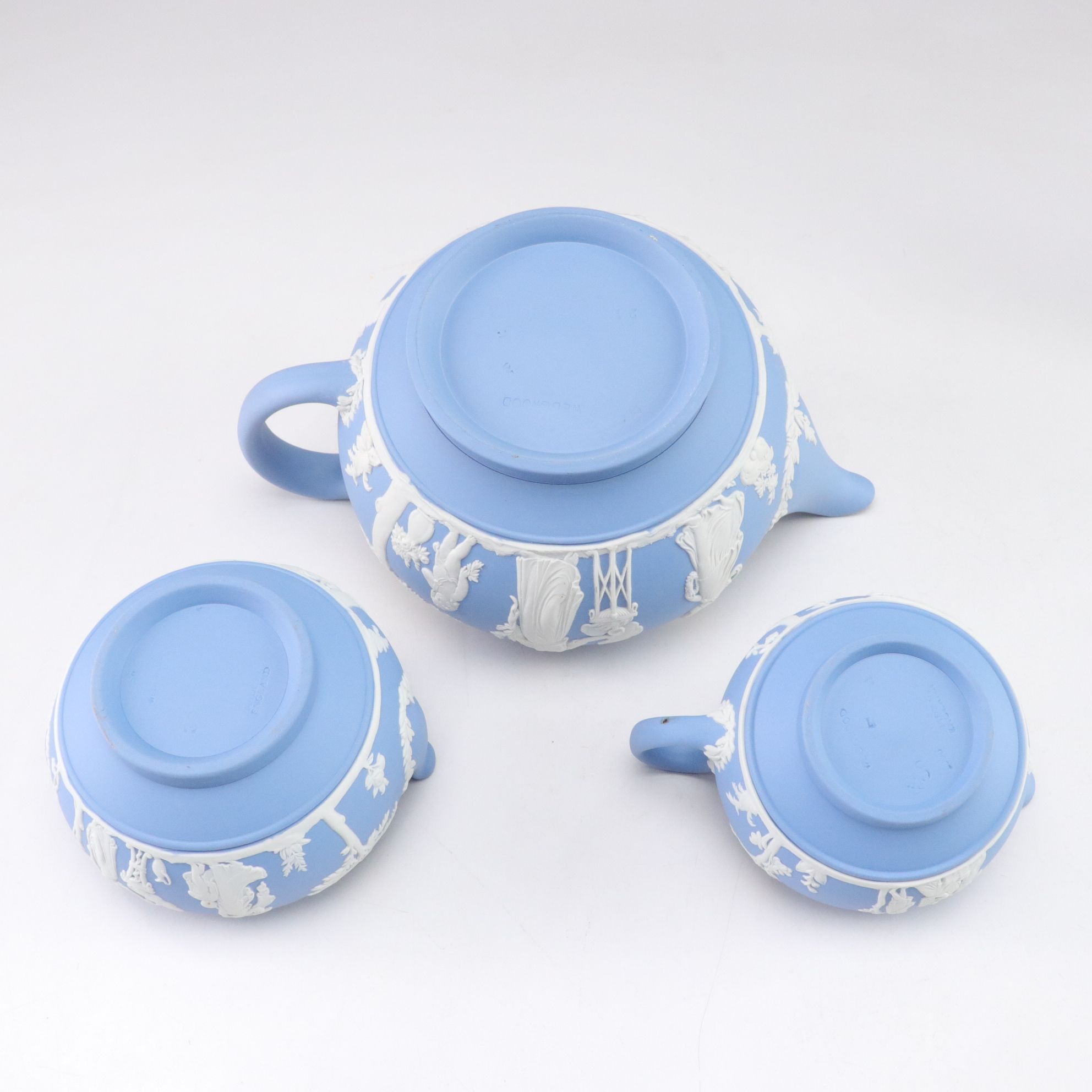 Wedgwood Blue Jasperware Teapot with Creamer, Sugar, Trinket Boxes and Vases