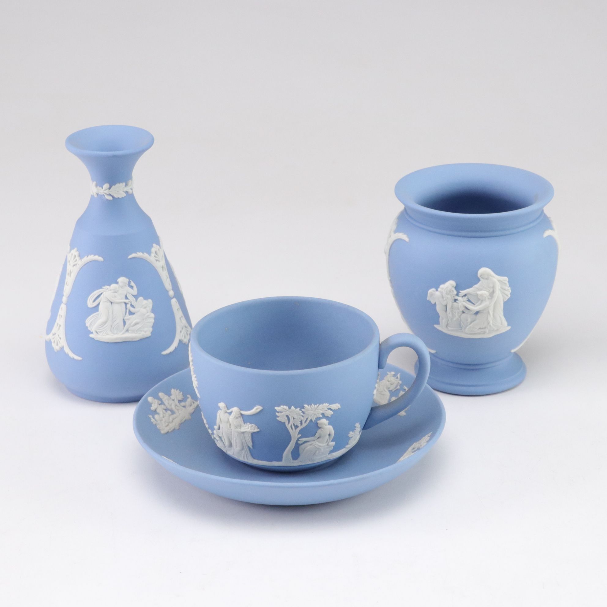 Wedgwood Blue Jasperware Teapot with Creamer, Sugar, Trinket Boxes and Vases