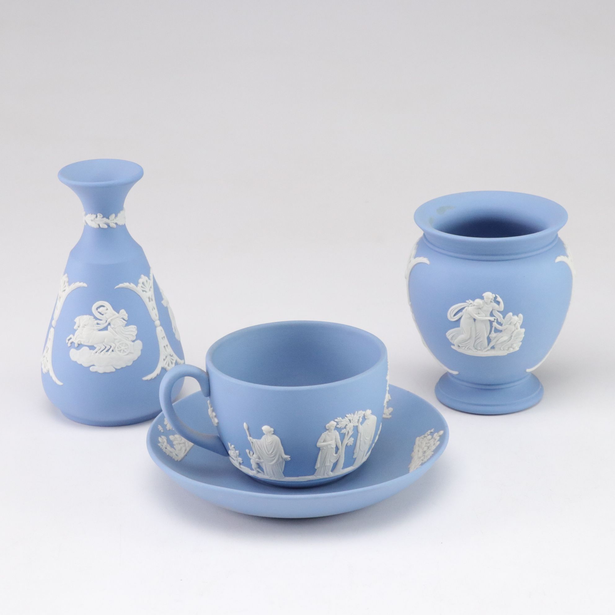 Wedgwood Blue Jasperware Teapot with Creamer, Sugar, Trinket Boxes and Vases