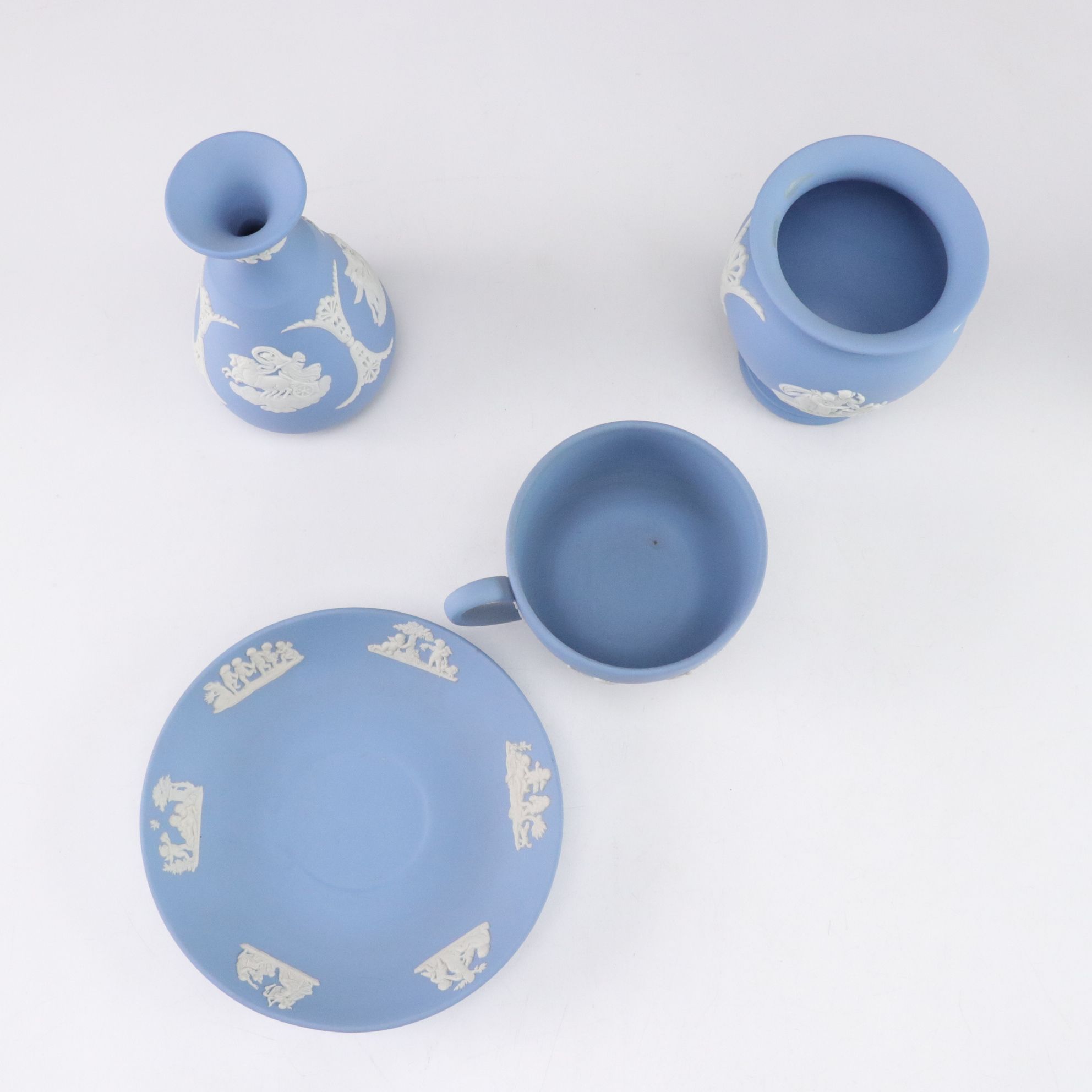 Wedgwood Blue Jasperware Teapot with Creamer, Sugar, Trinket Boxes and Vases