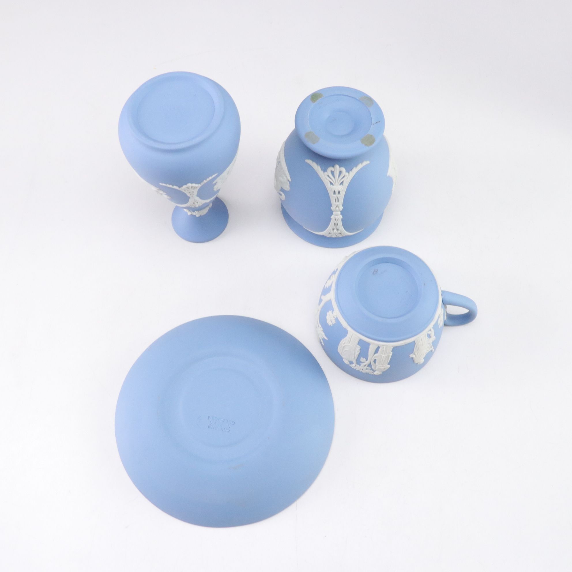 Wedgwood Blue Jasperware Teapot with Creamer, Sugar, Trinket Boxes and Vases