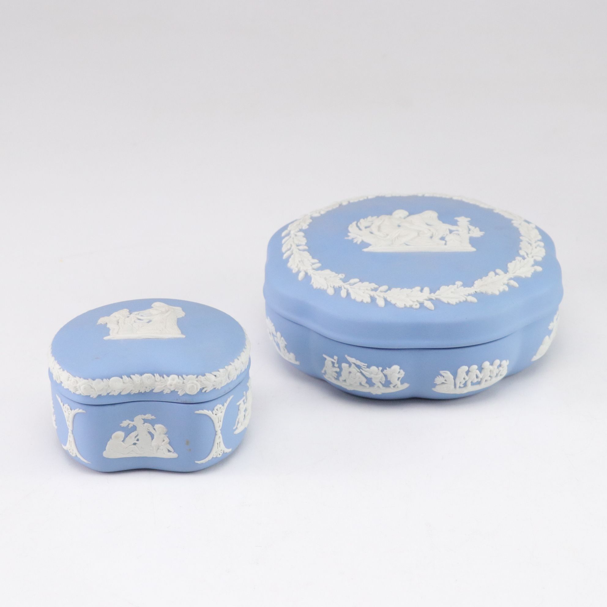 Wedgwood Blue Jasperware Teapot with Creamer, Sugar, Trinket Boxes and Vases