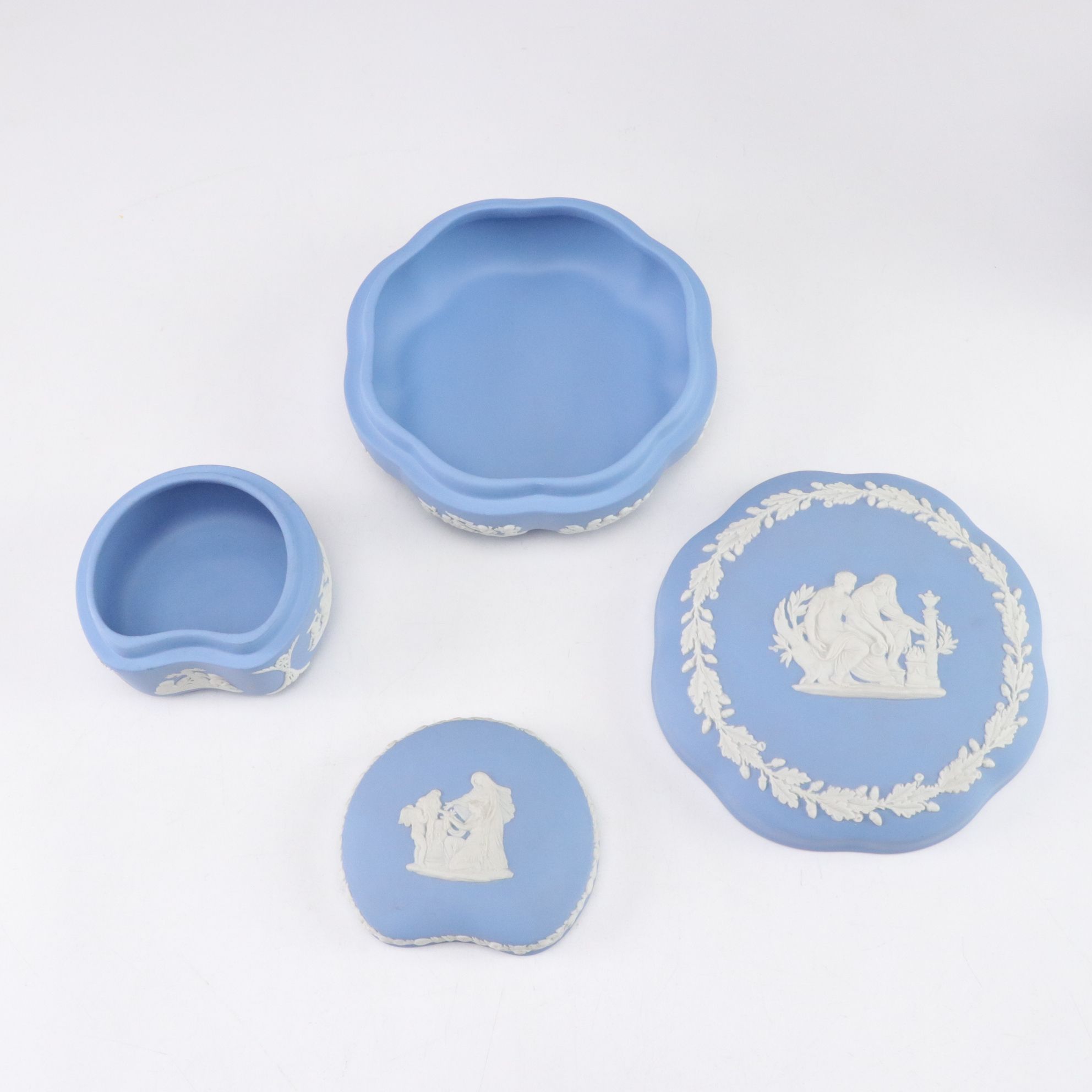 Wedgwood Blue Jasperware Teapot with Creamer, Sugar, Trinket Boxes and Vases