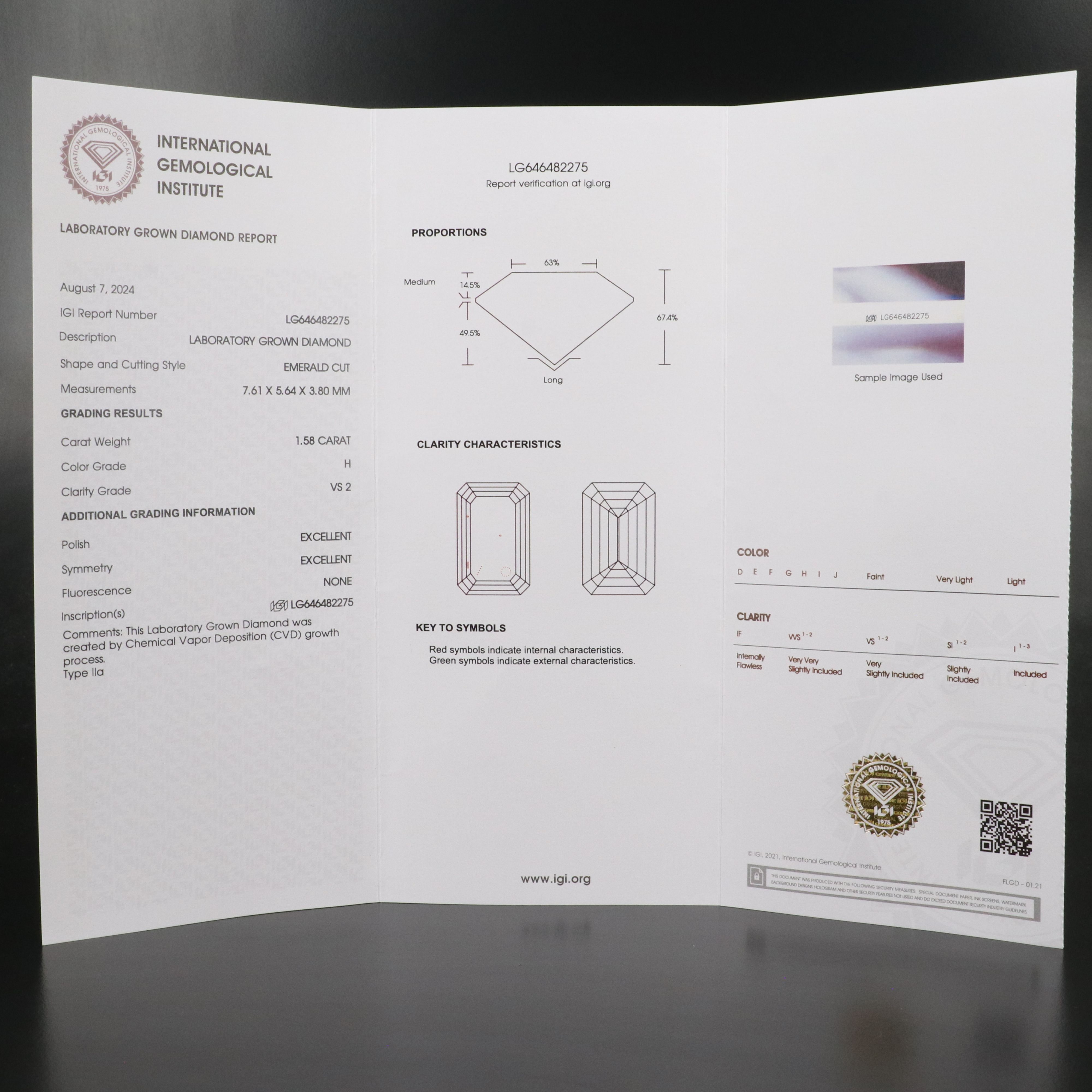Loose 1.58 CT Lab Grown Diamond with IGI Report