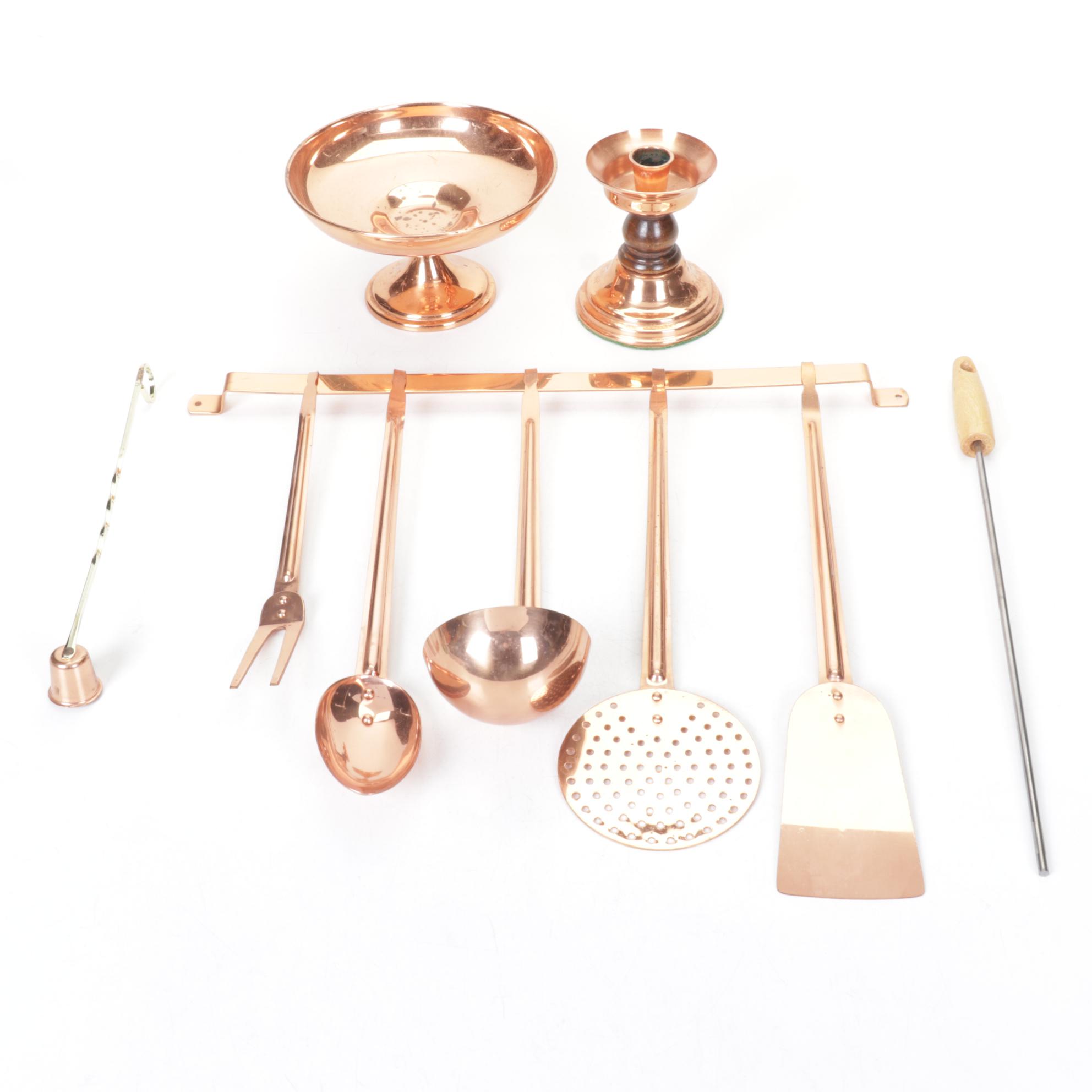 Revere Ware Copper Kitchen Utensils with Hanging Rod, Compote and Candlestick