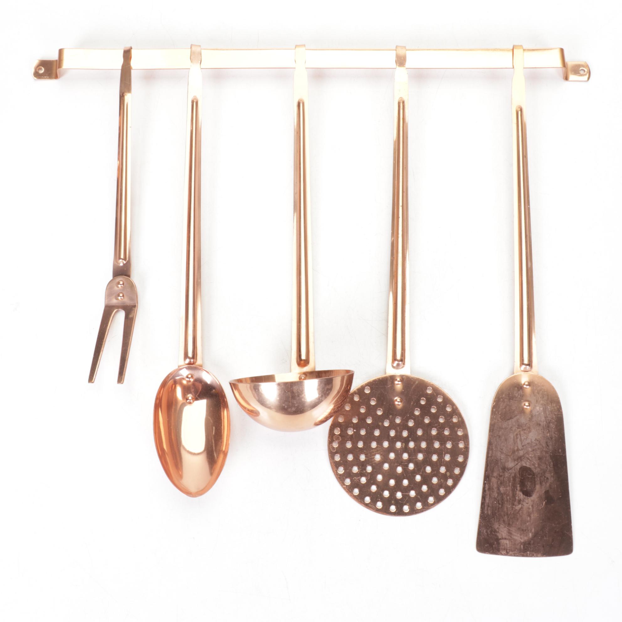 Revere Ware Copper Kitchen Utensils with Hanging Rod, Compote and Candlestick