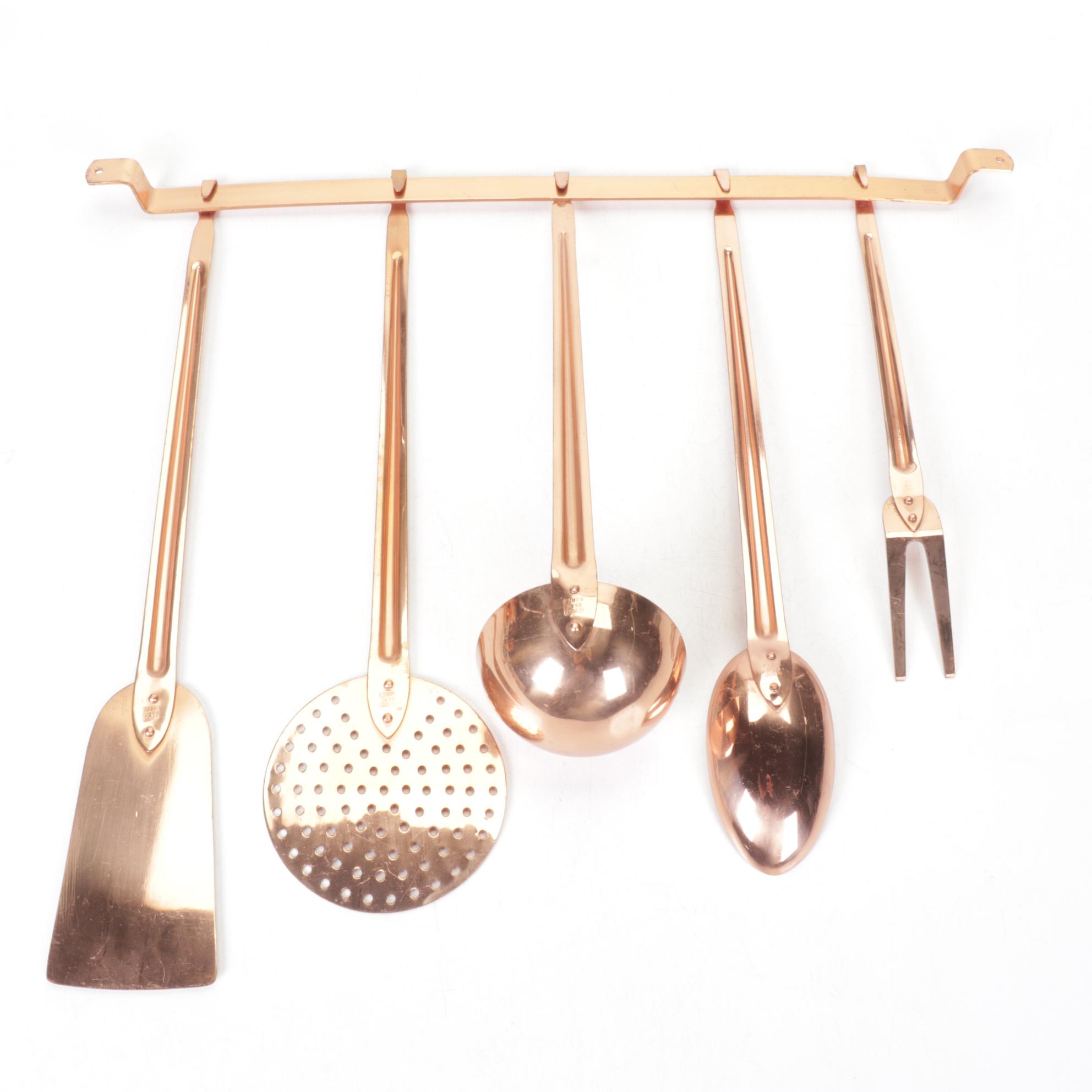 Revere Ware Copper Kitchen Utensils with Hanging Rod, Compote and Candlestick