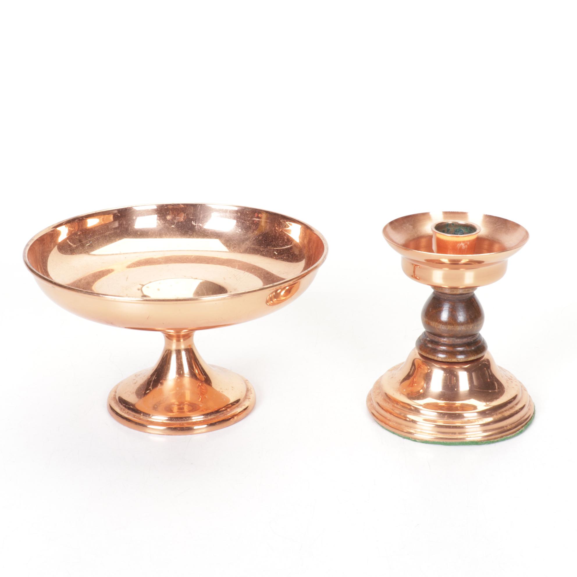 Revere Ware Copper Kitchen Utensils with Hanging Rod, Compote and Candlestick