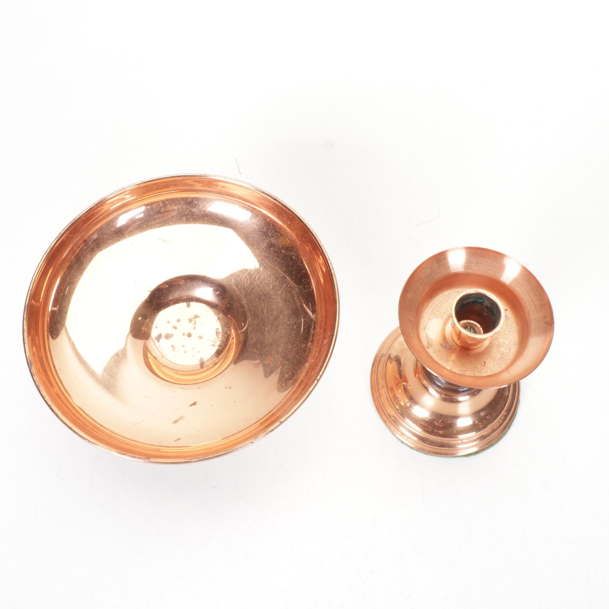 Revere Ware Copper Kitchen Utensils with Hanging Rod, Compote and Candlestick