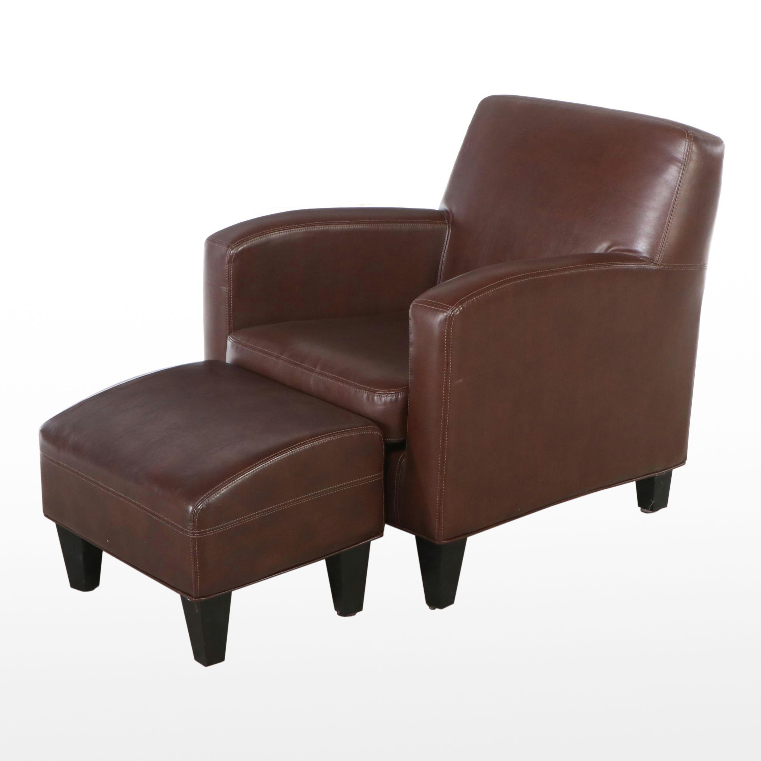 Contemporary Brown Faux Leather Armchair and Ottoman