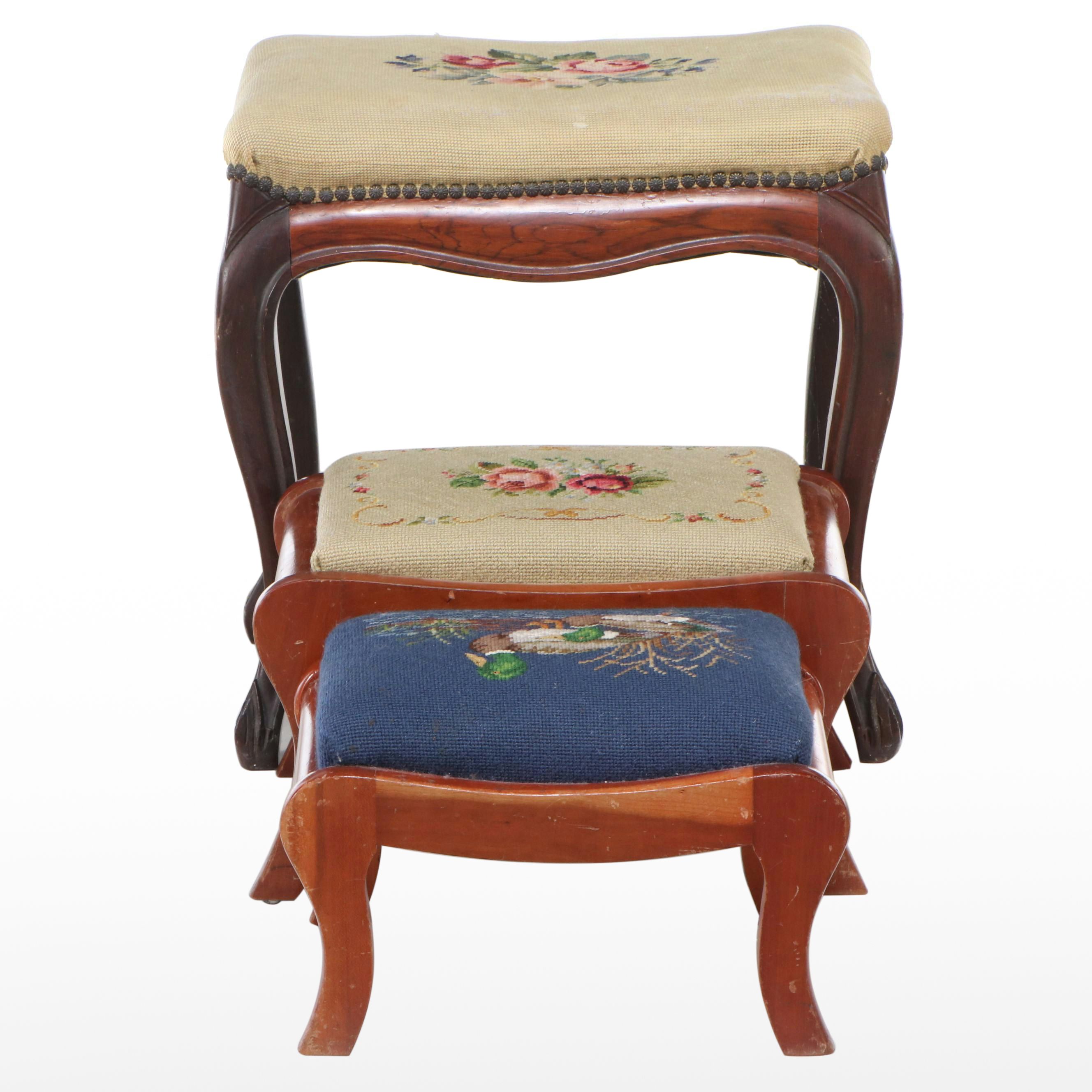 Victorian Style Needlepoint Covered Footstools and Accent Pillows