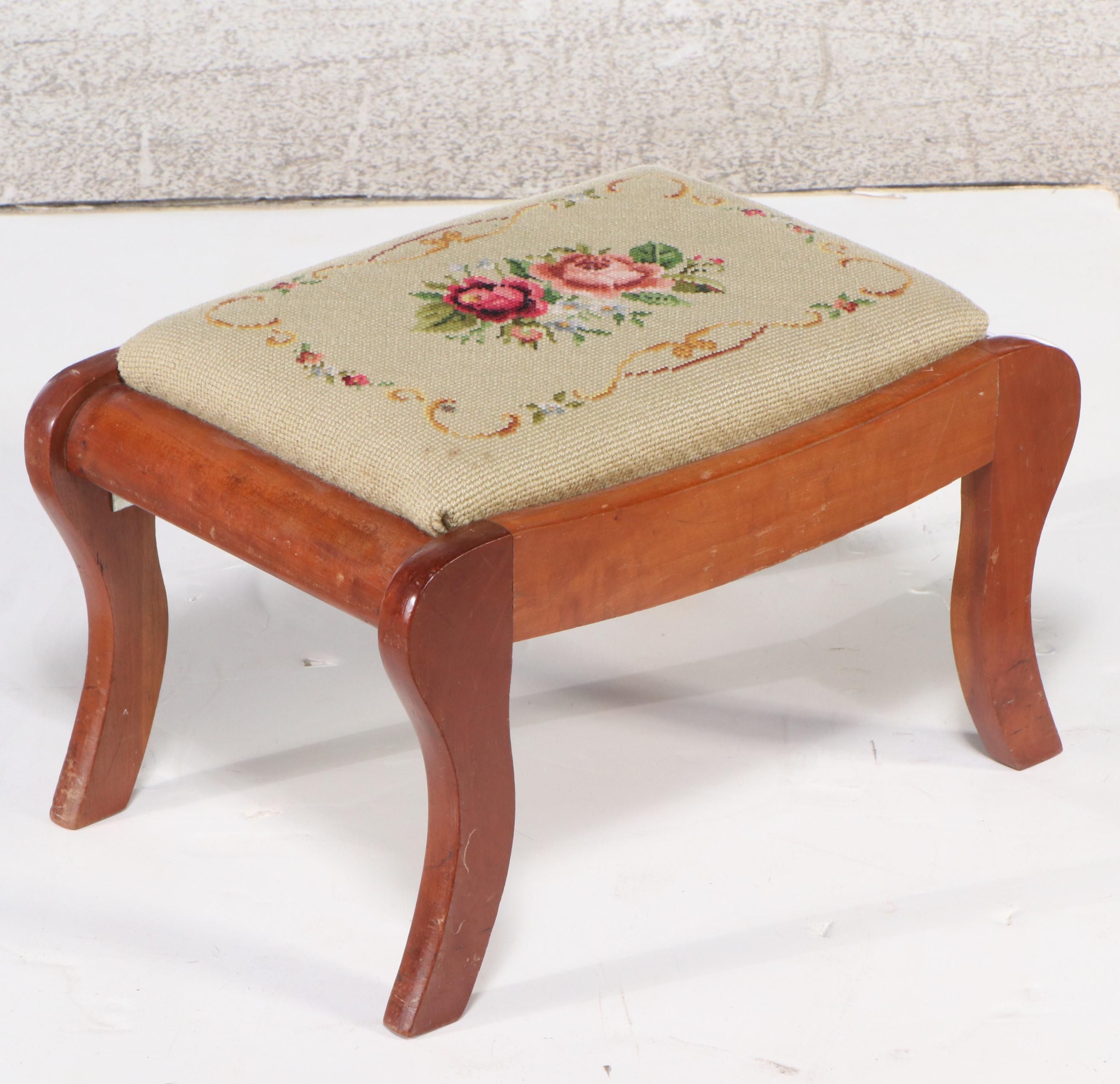 Victorian Style Needlepoint Covered Footstools and Accent Pillows