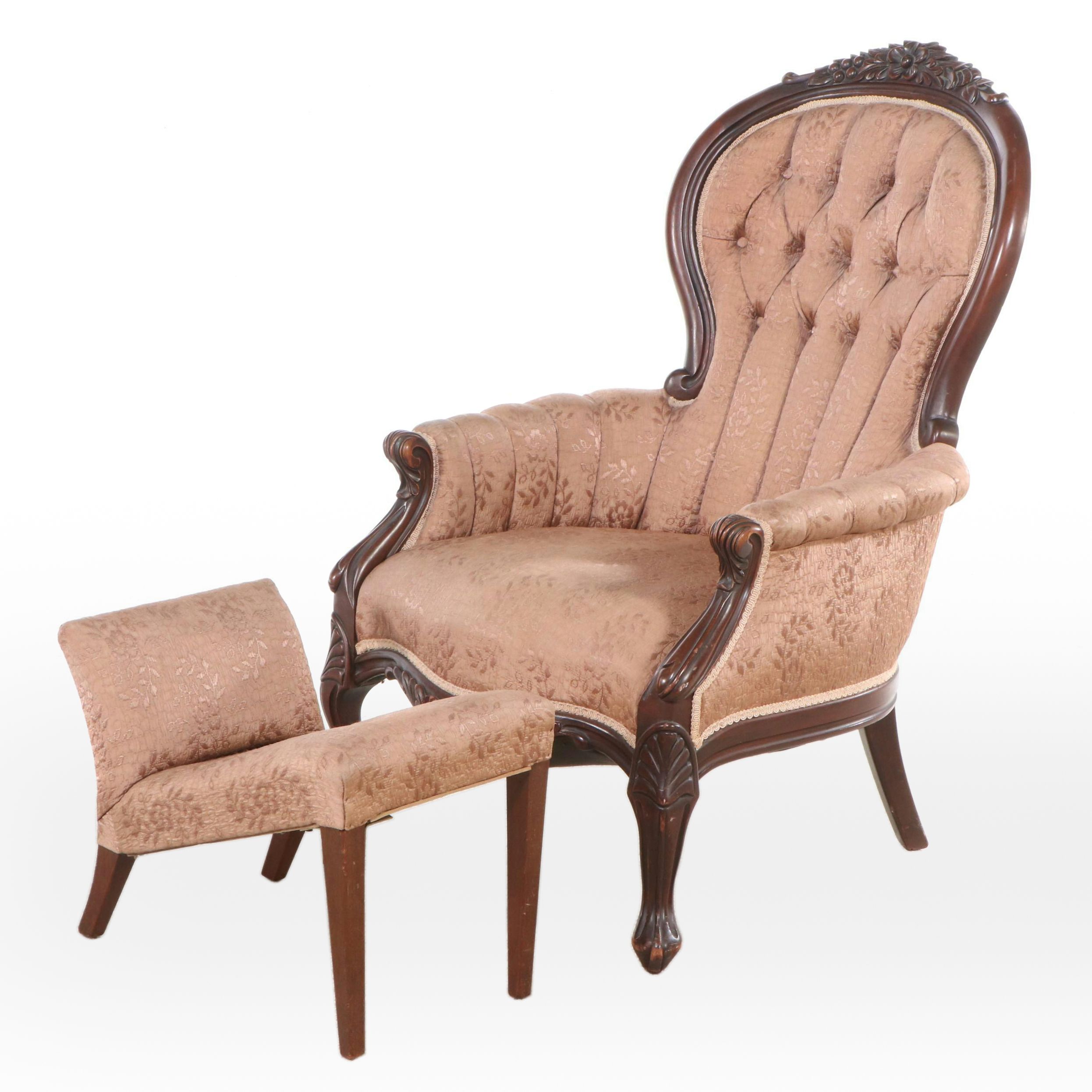 Victorian Upholstered Mahogany Armchair with Footstool