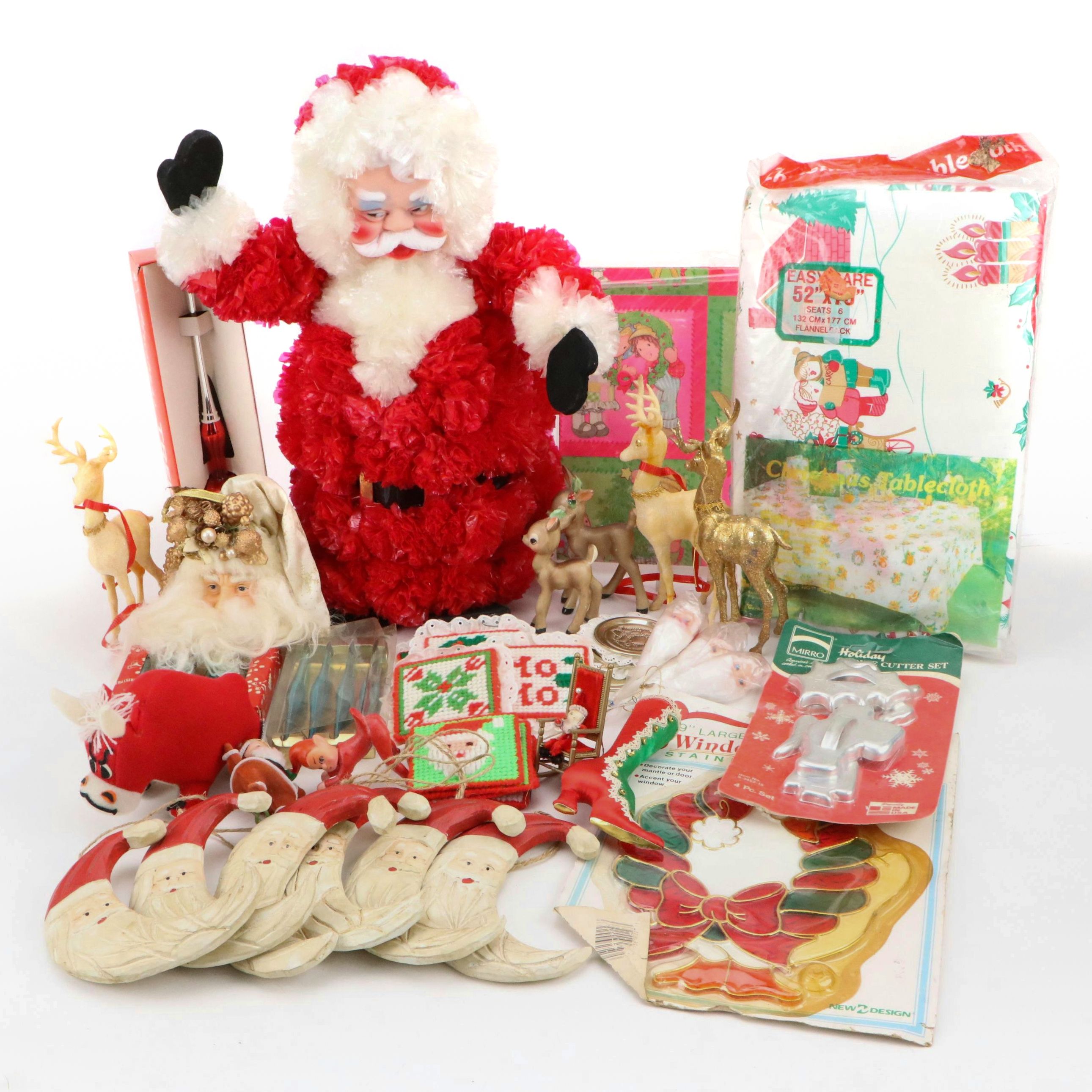 Vintage Mask Faced Santa with Other Ornaments and Decor, Mid to Late 20th C.