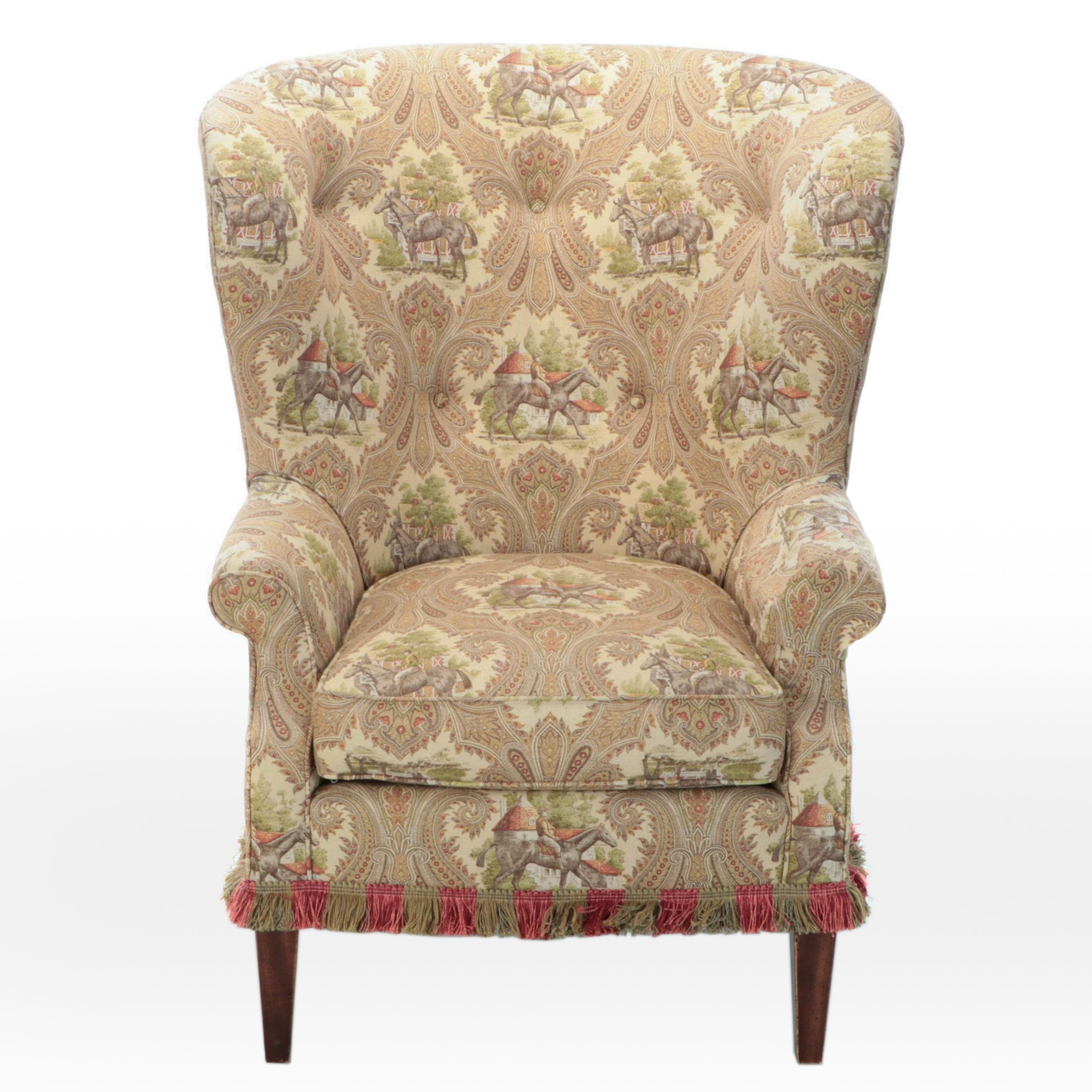 Wesley Hall Wingback Armchair in Equestrian Upholstery with Ottoman