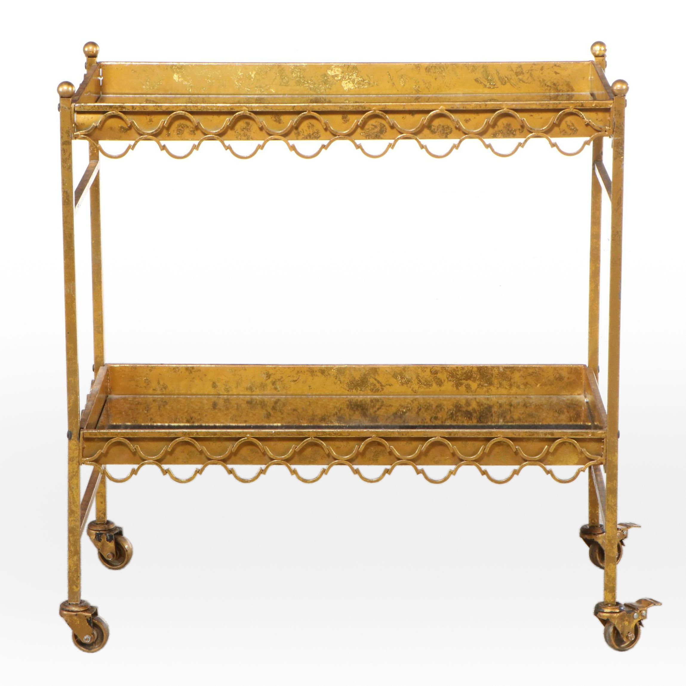 Italian Regency Style Metal Quatrefoil Mirrored Rolling Bar Car