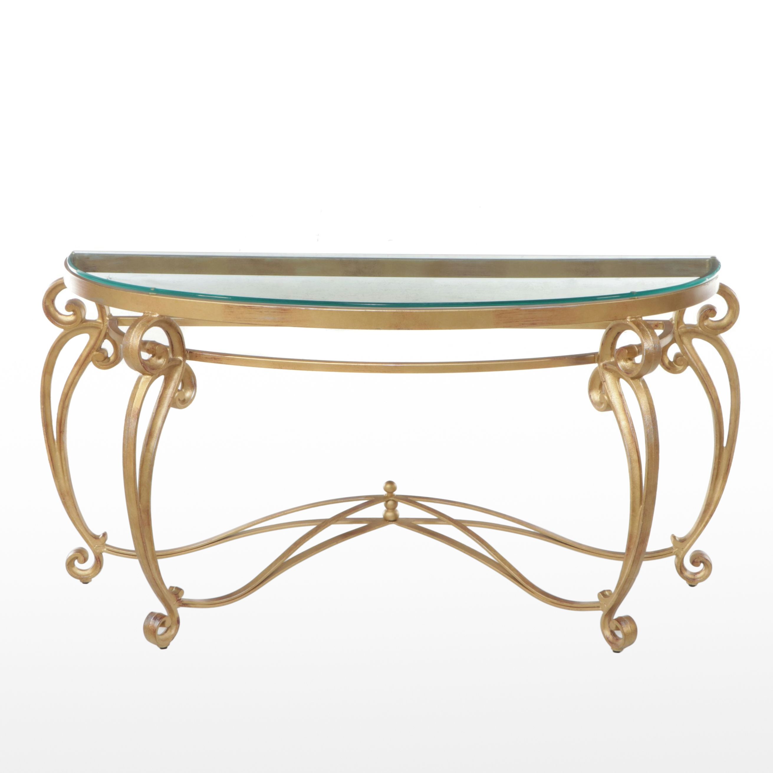 French Rococo Style Gilt Metal Demilune Console Table with Glass Top