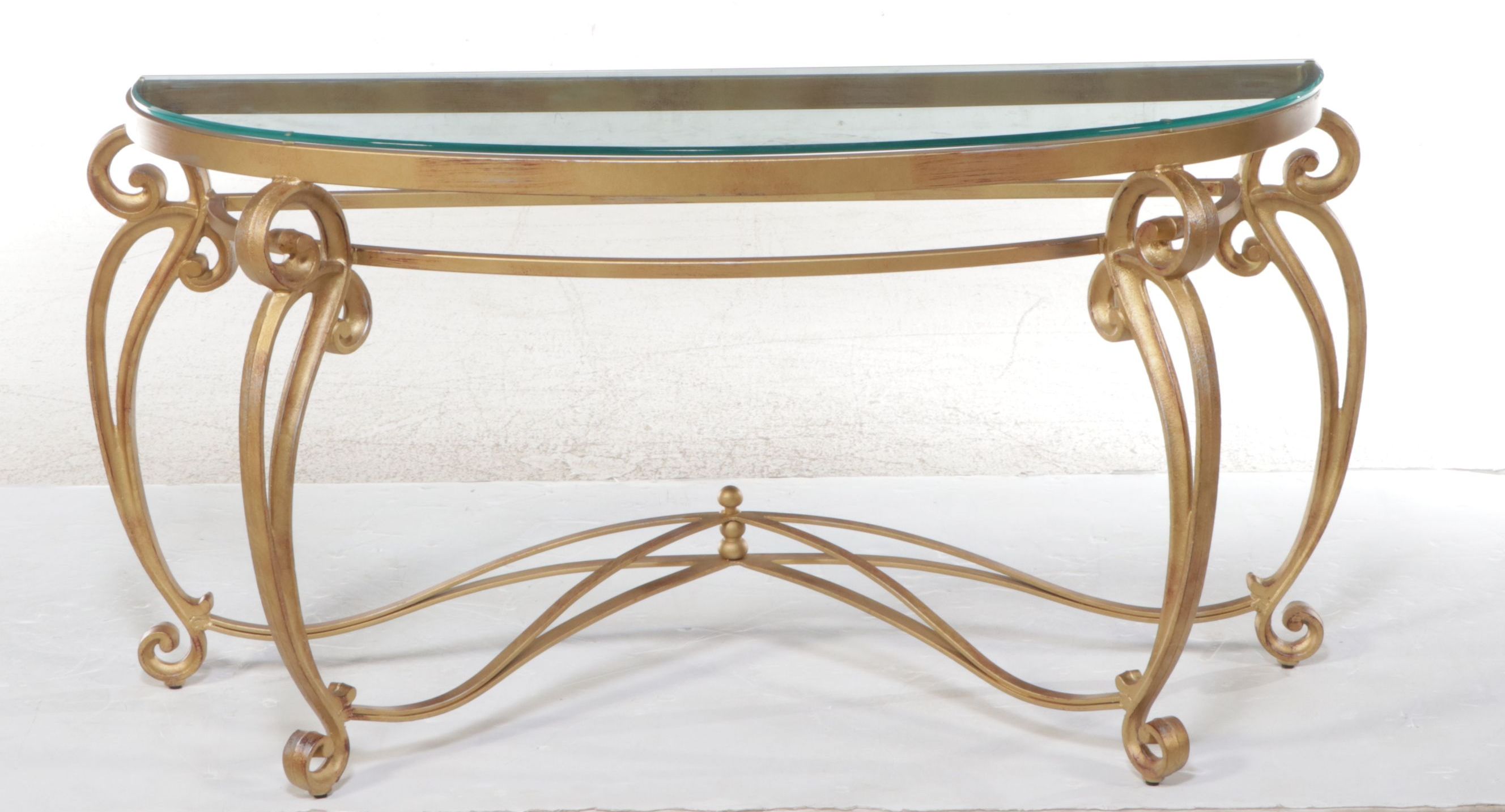 French Rococo Style Gilt Metal Demilune Console Table with Glass Top
