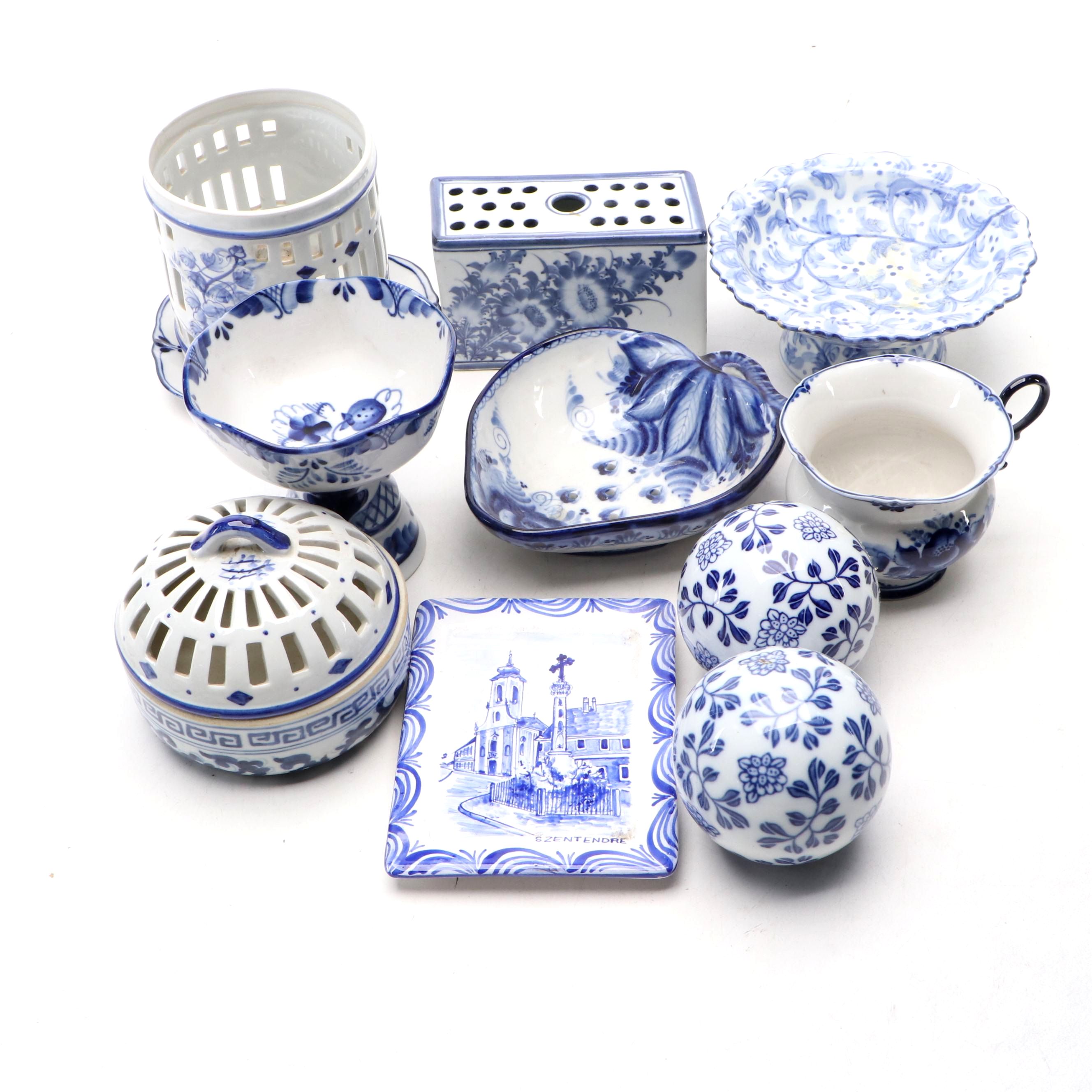 Russian Hand-Painted Porcelain Bowl with Other Blue and White Tableware
