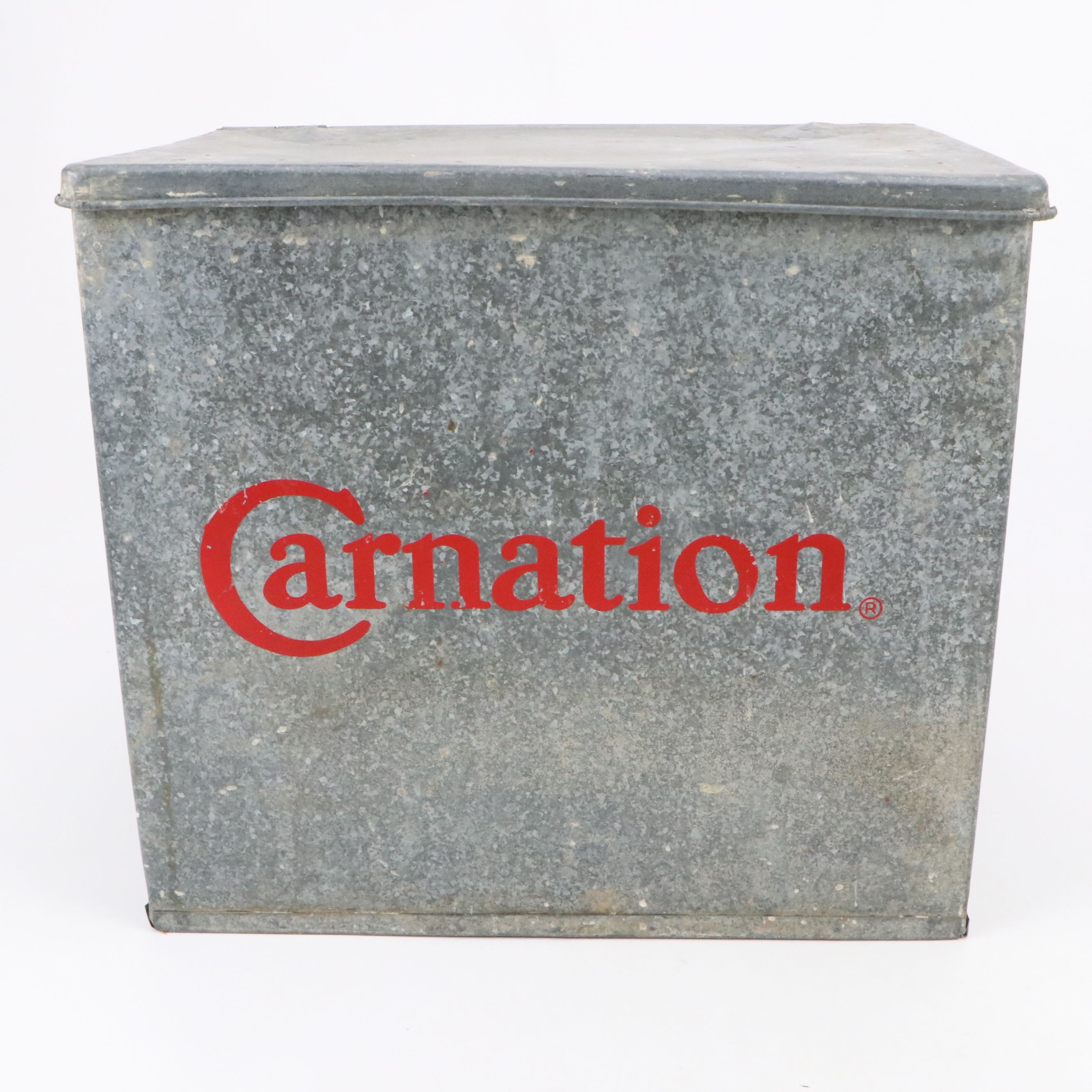 Carnation Milk Galvanized Steel Porch Cooler with Bottles, Mid-20th Century