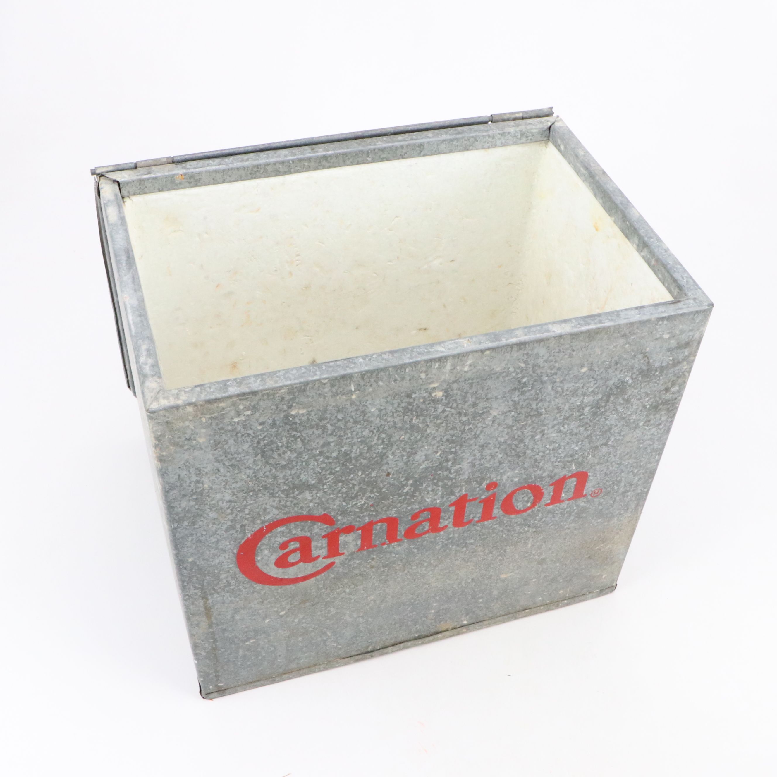 Carnation Milk Galvanized Steel Porch Cooler with Bottles, Mid-20th Century