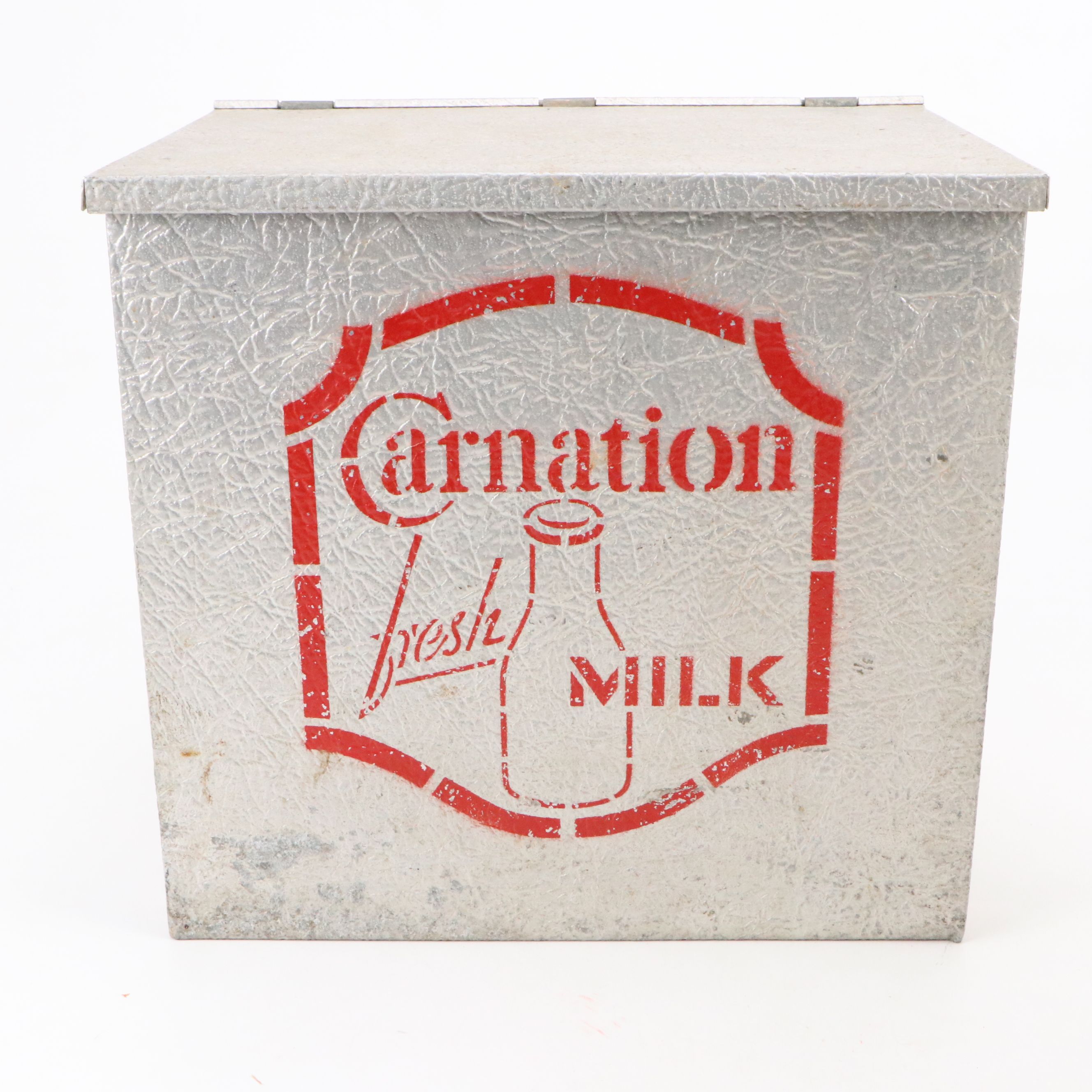 Carnation Milk Galvanized Steel Cooler with Dairy Bottles, Mid-20th Century