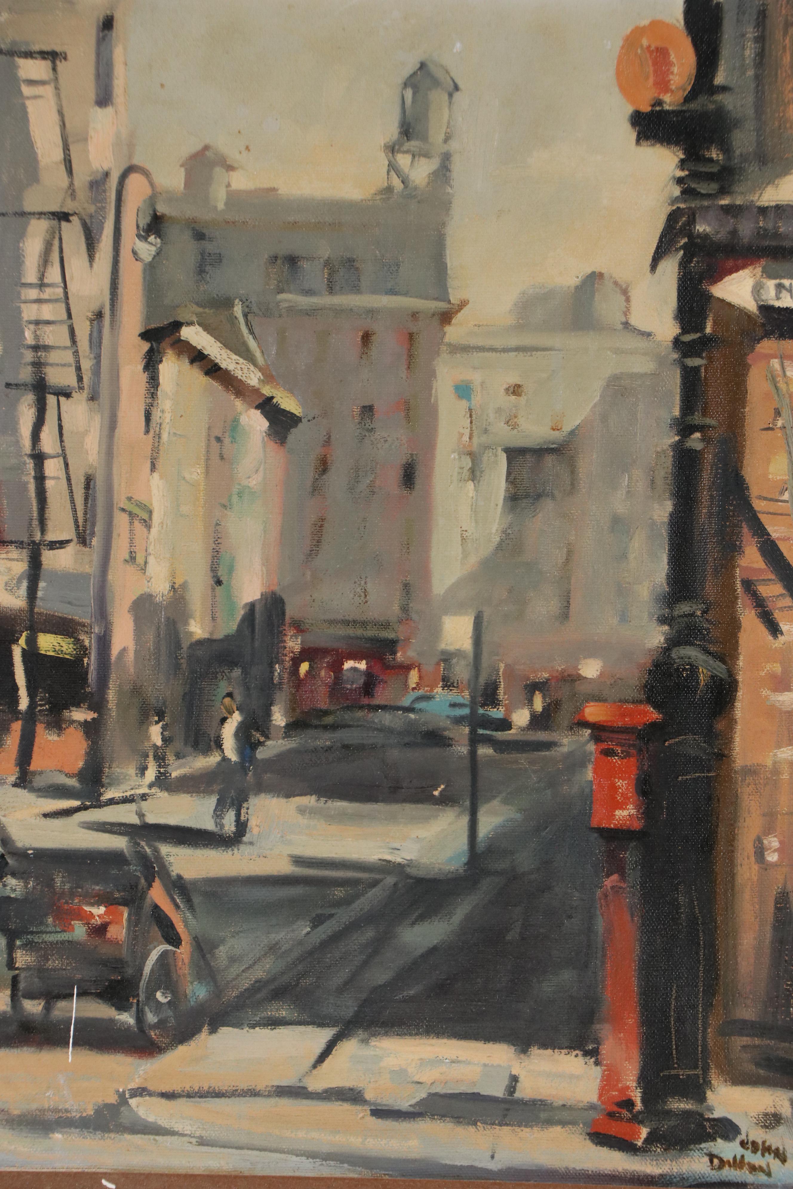 John Dillon Impressionist Style Oil Painting of City Street with Cart