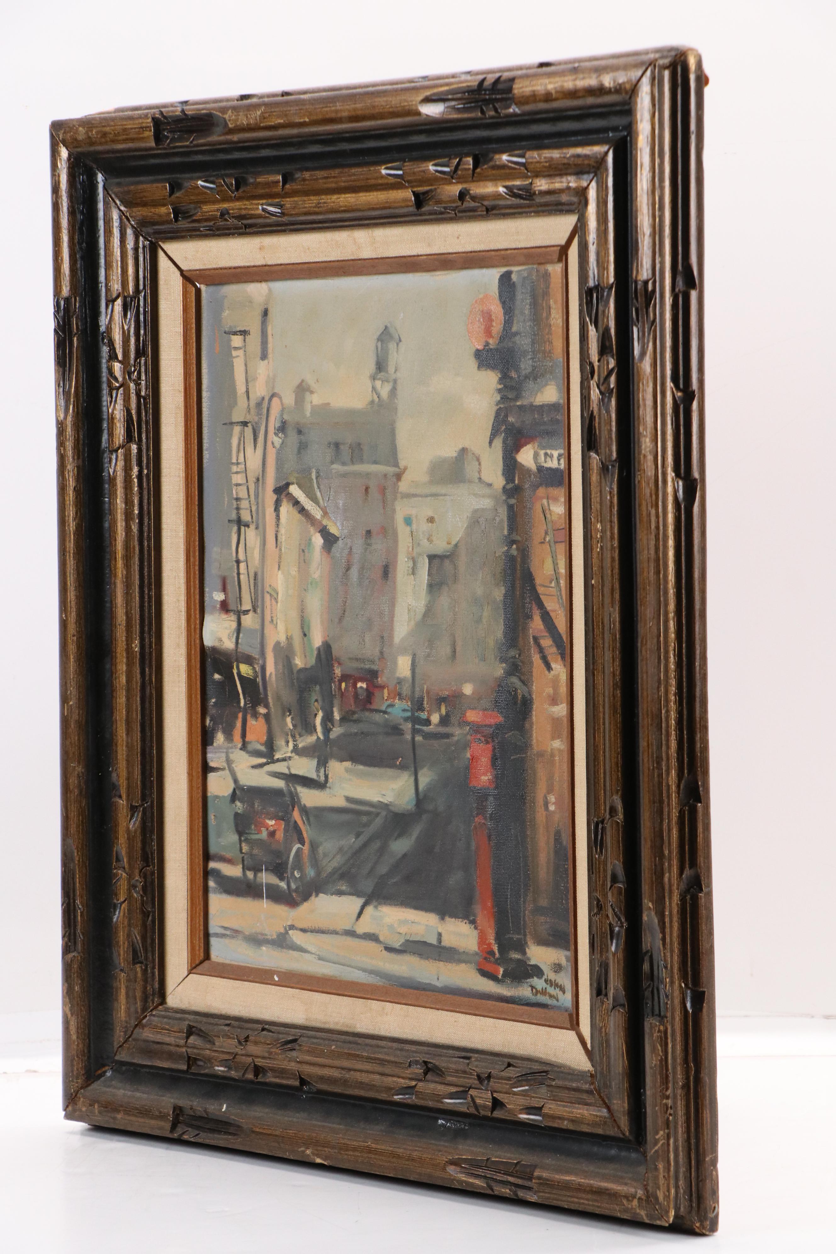 John Dillon Impressionist Style Oil Painting of City Street with Cart