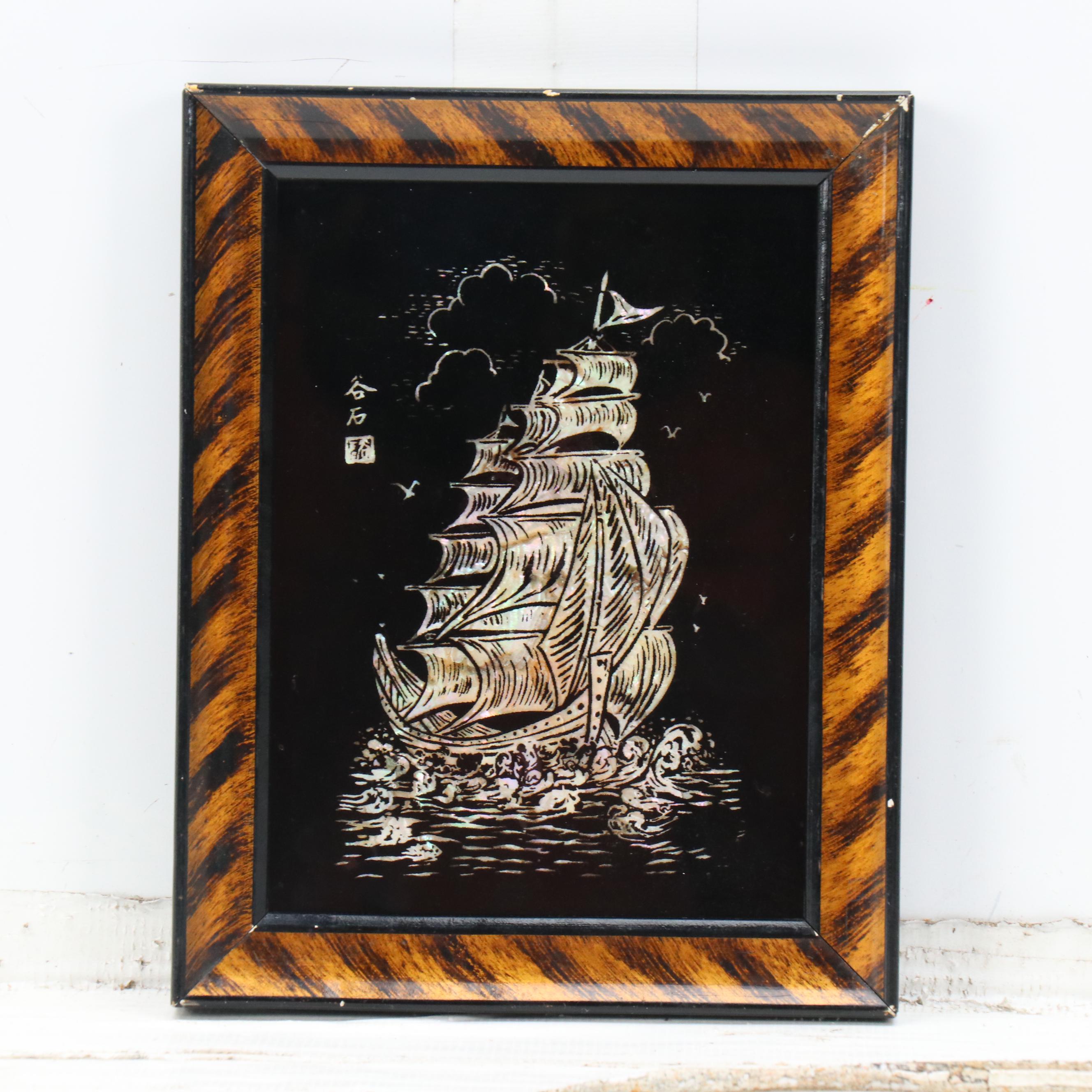 East Asian Reverse Glass on MOP and Abalone Panels Depicting Ship and Dragon