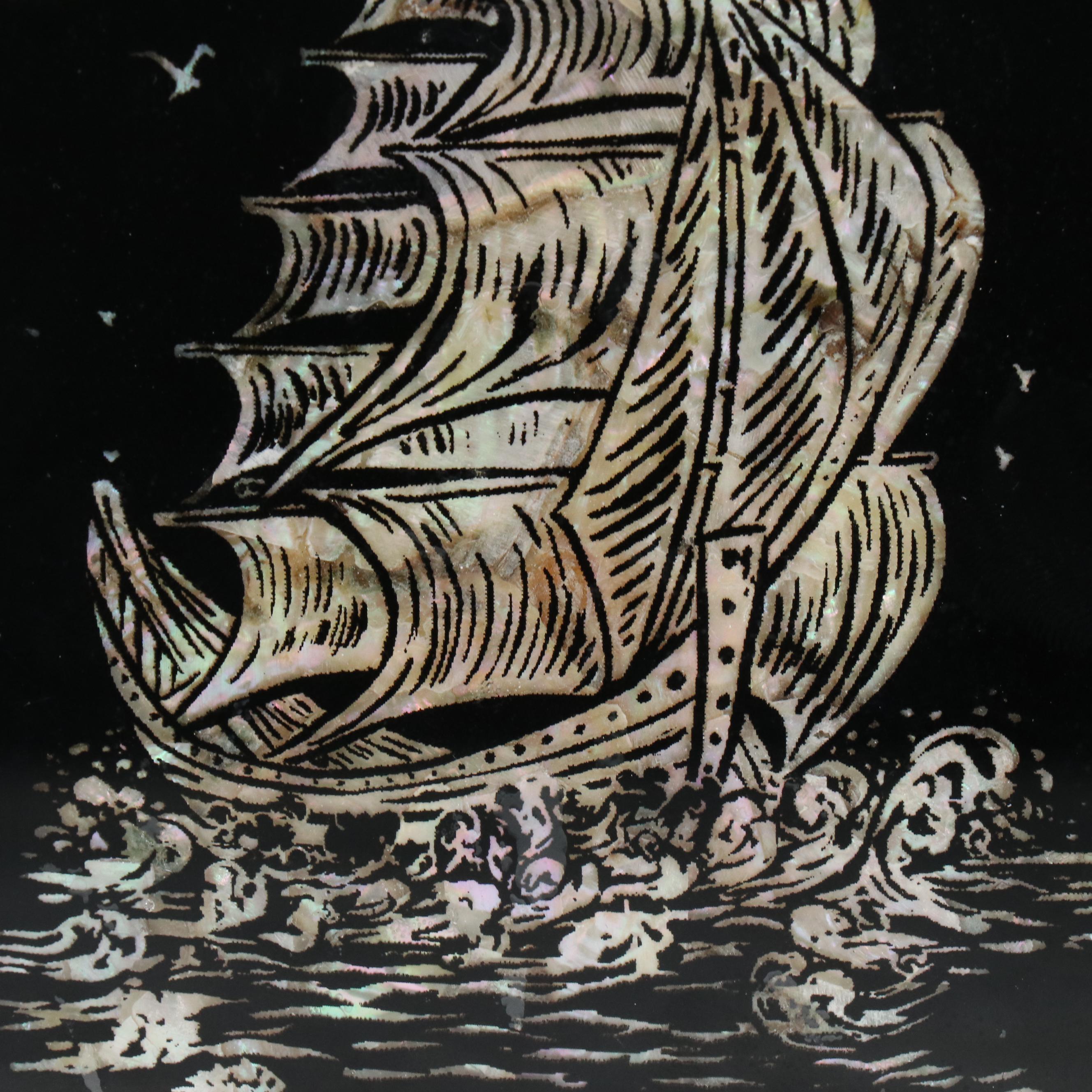 East Asian Reverse Glass on MOP and Abalone Panels Depicting Ship and Dragon