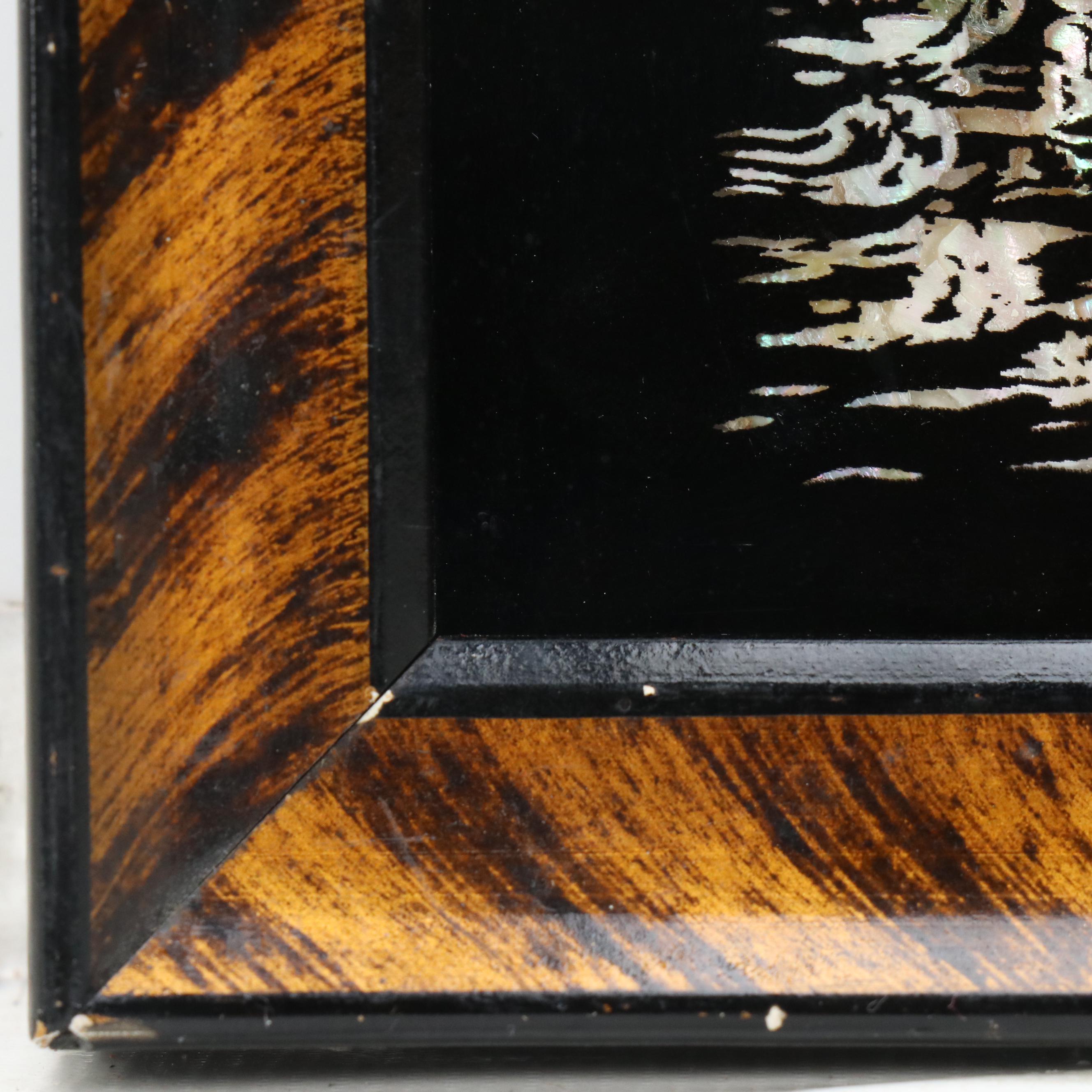 East Asian Reverse Glass on MOP and Abalone Panels Depicting Ship and Dragon