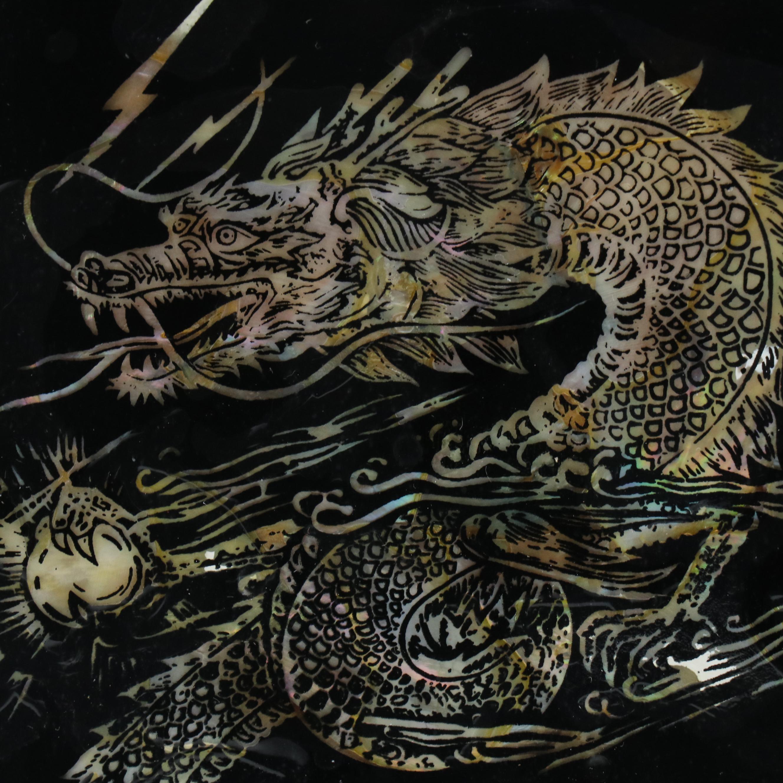 East Asian Reverse Glass on MOP and Abalone Panels Depicting Ship and Dragon