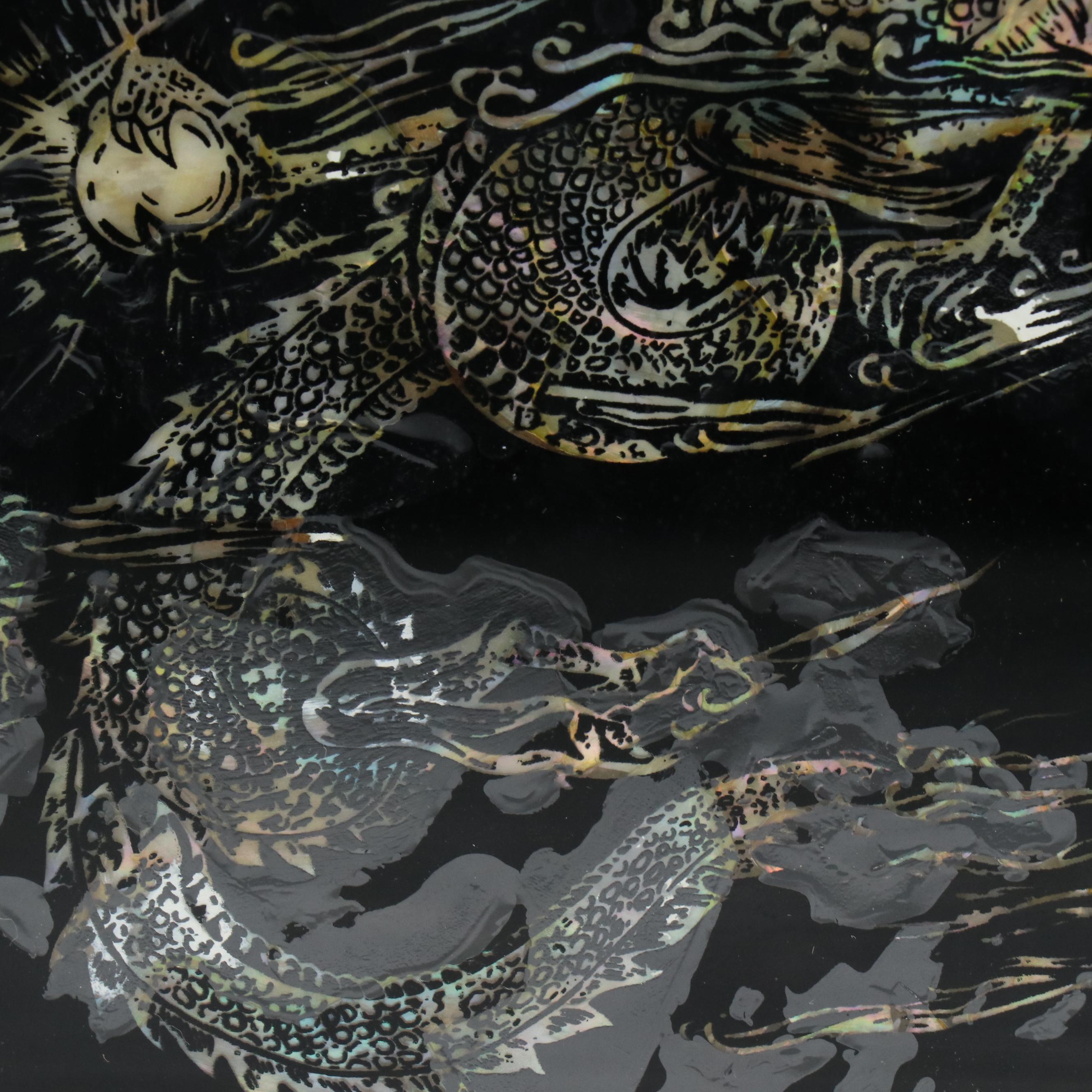 East Asian Reverse Glass on MOP and Abalone Panels Depicting Ship and Dragon