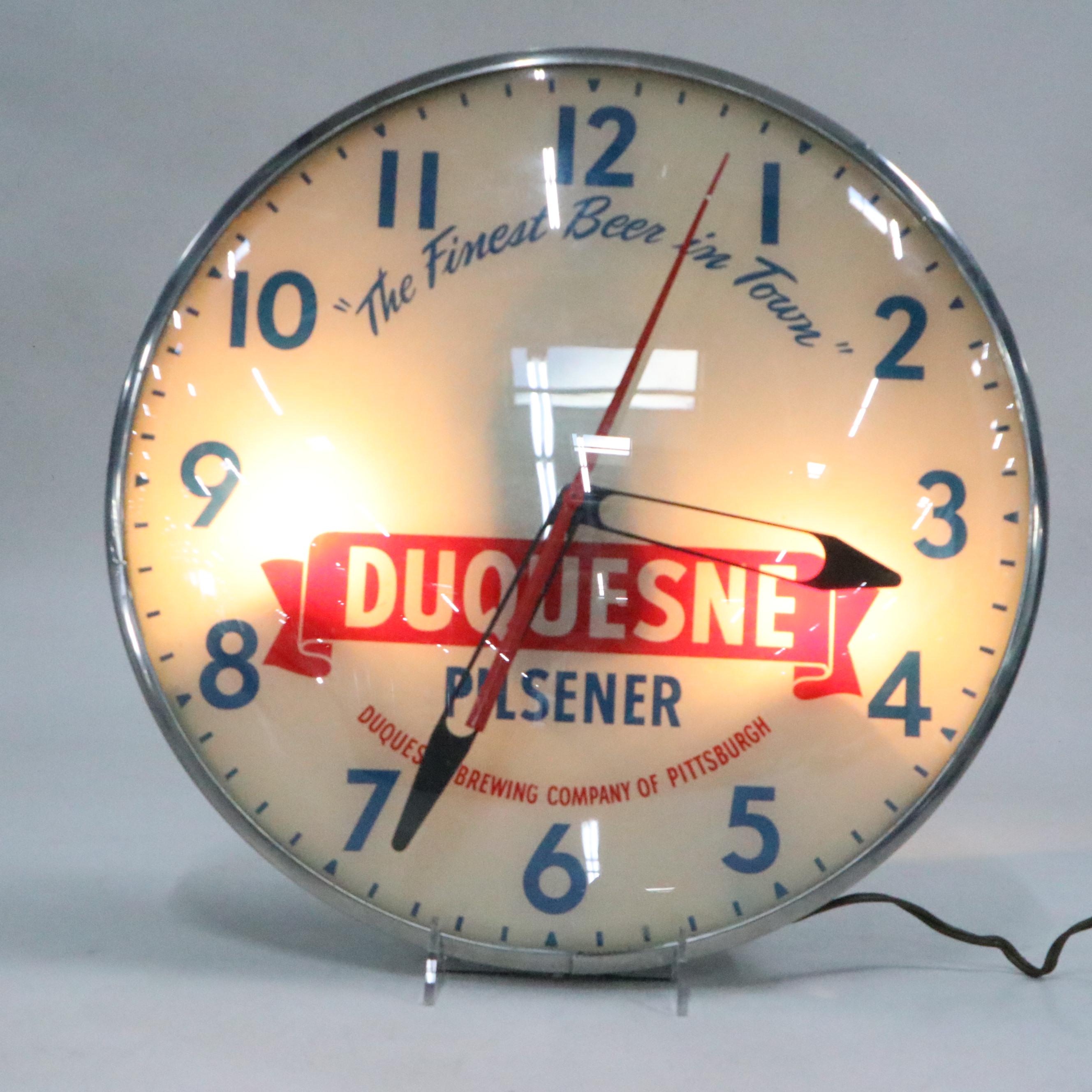 Duquesne Pilsener "The Finest Beer in Town" Illuminated Advertising Clock, 1950s