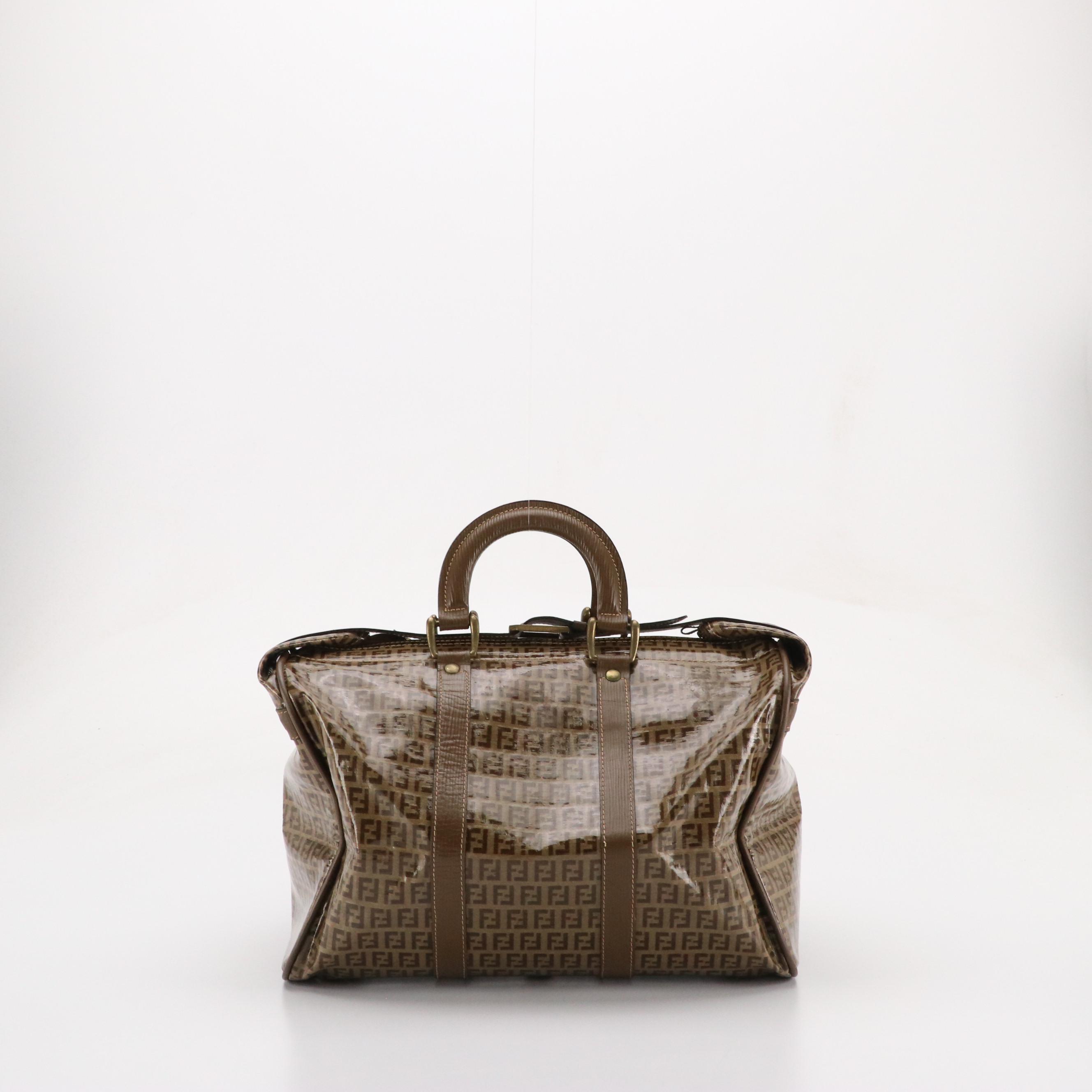 Fendi Belted Boston Travel Bag in Zucchino Canvas and Textured Leather Trim