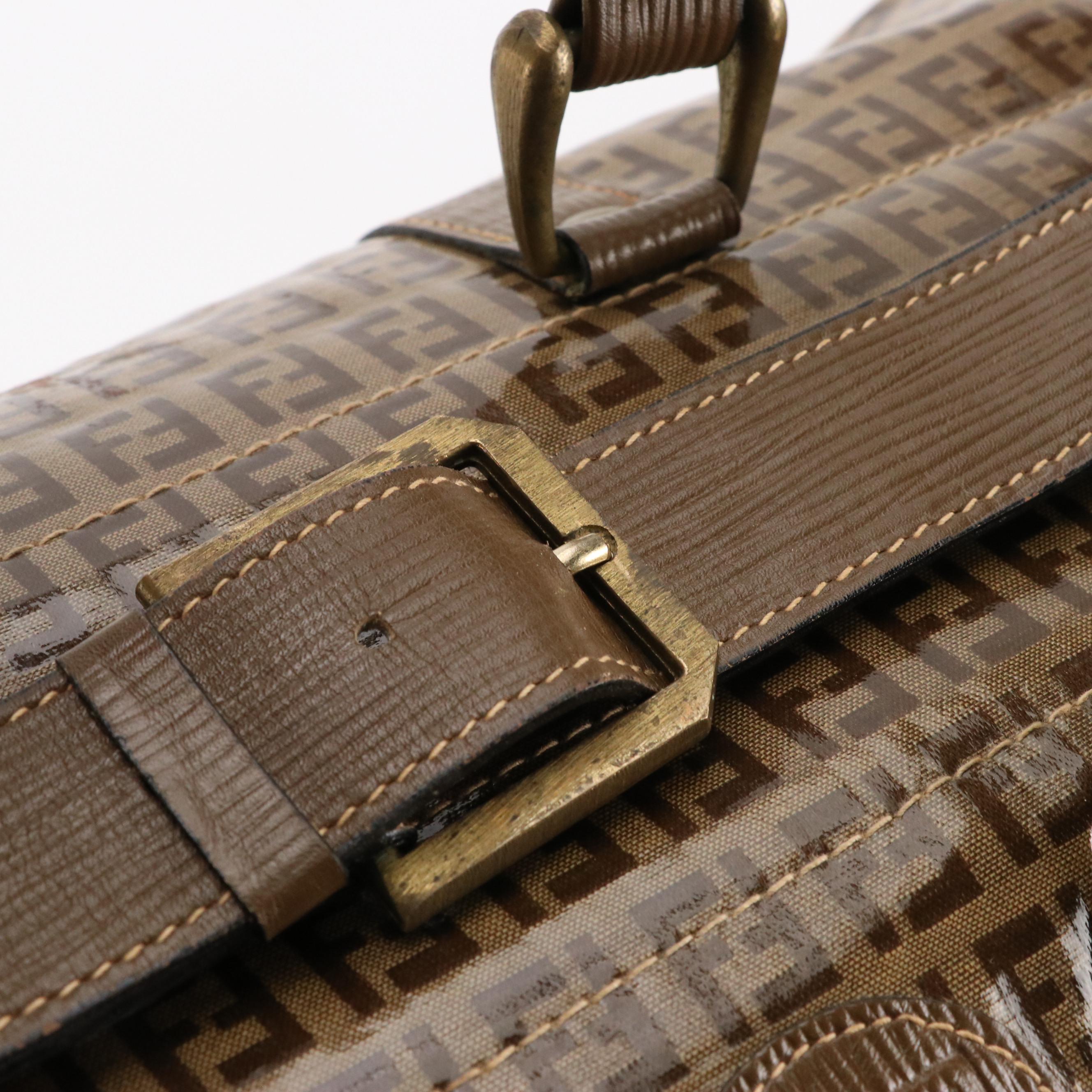 Fendi Belted Boston Travel Bag in Zucchino Canvas and Textured Leather Trim