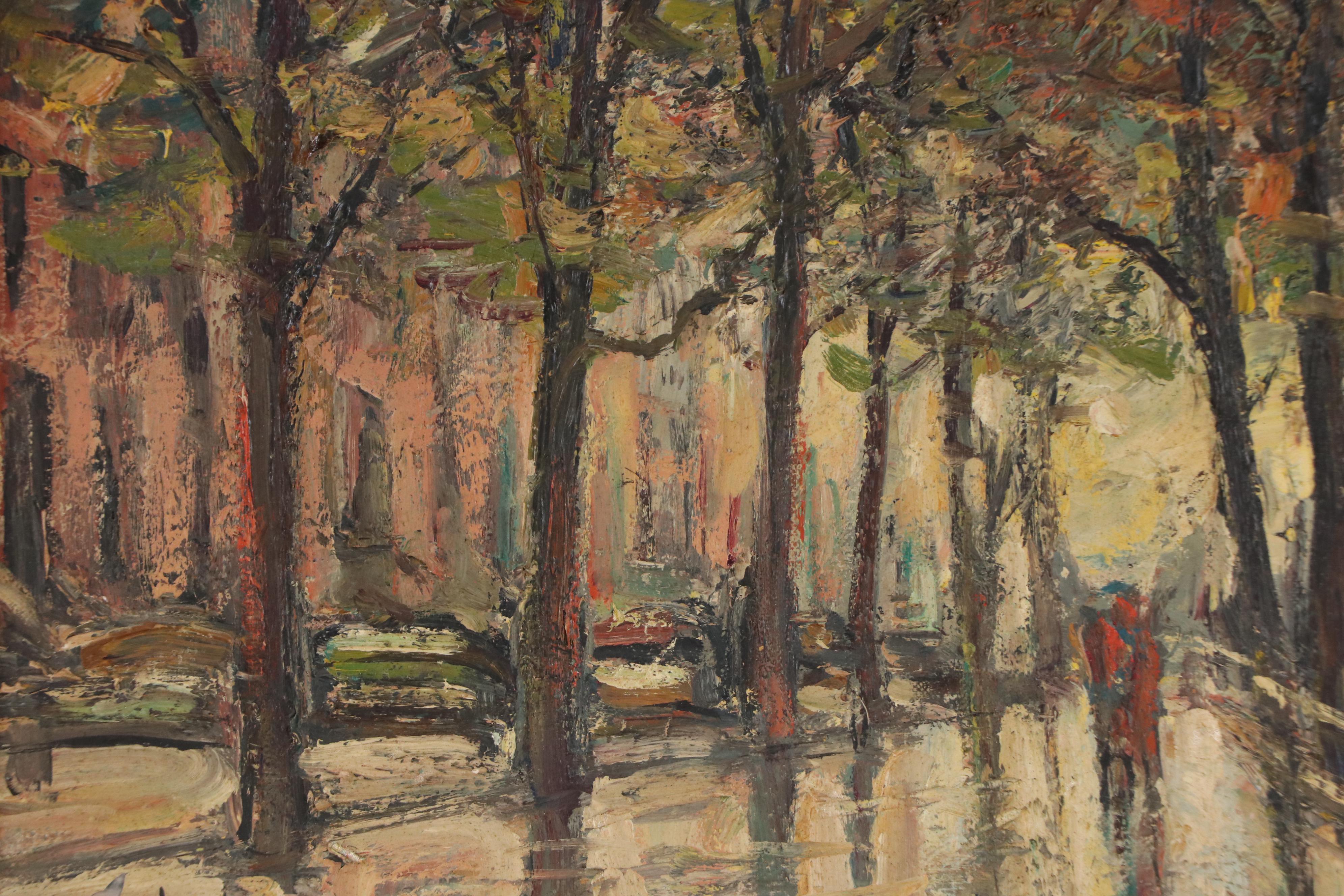 Impressionist Style Impasto Oil Painting of Figures on Tree-Lined Street, 1959