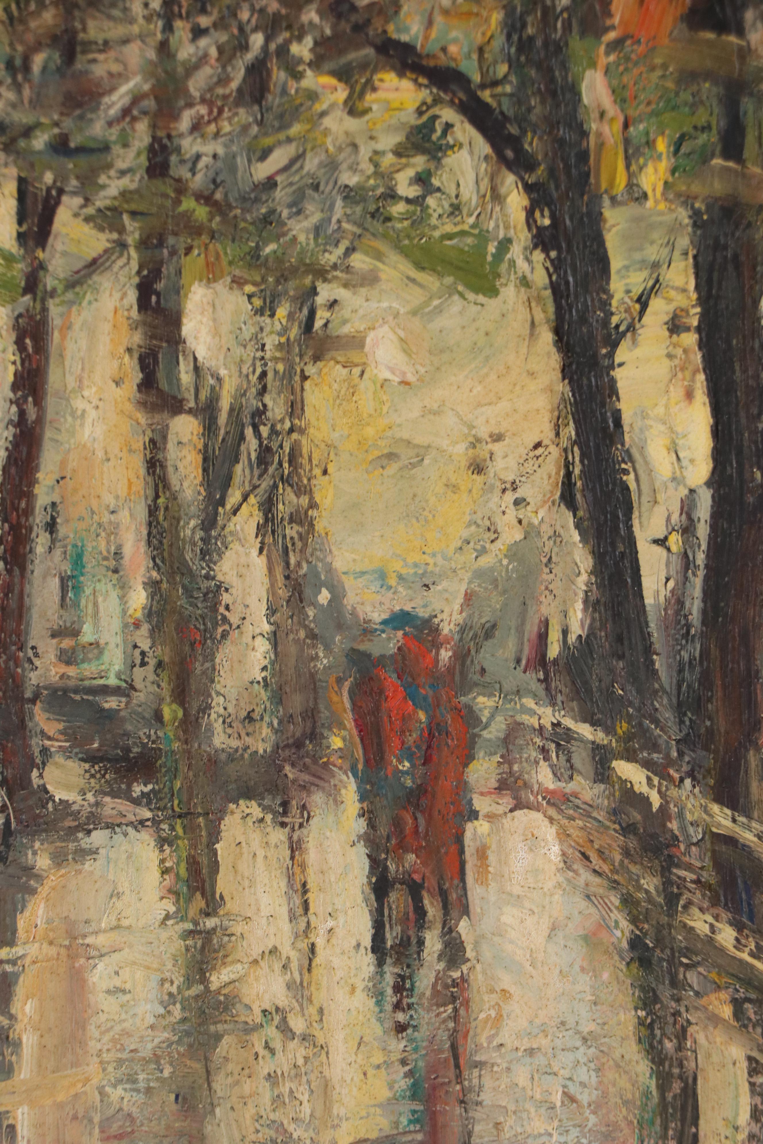 Impressionist Style Impasto Oil Painting of Figures on Tree-Lined Street, 1959