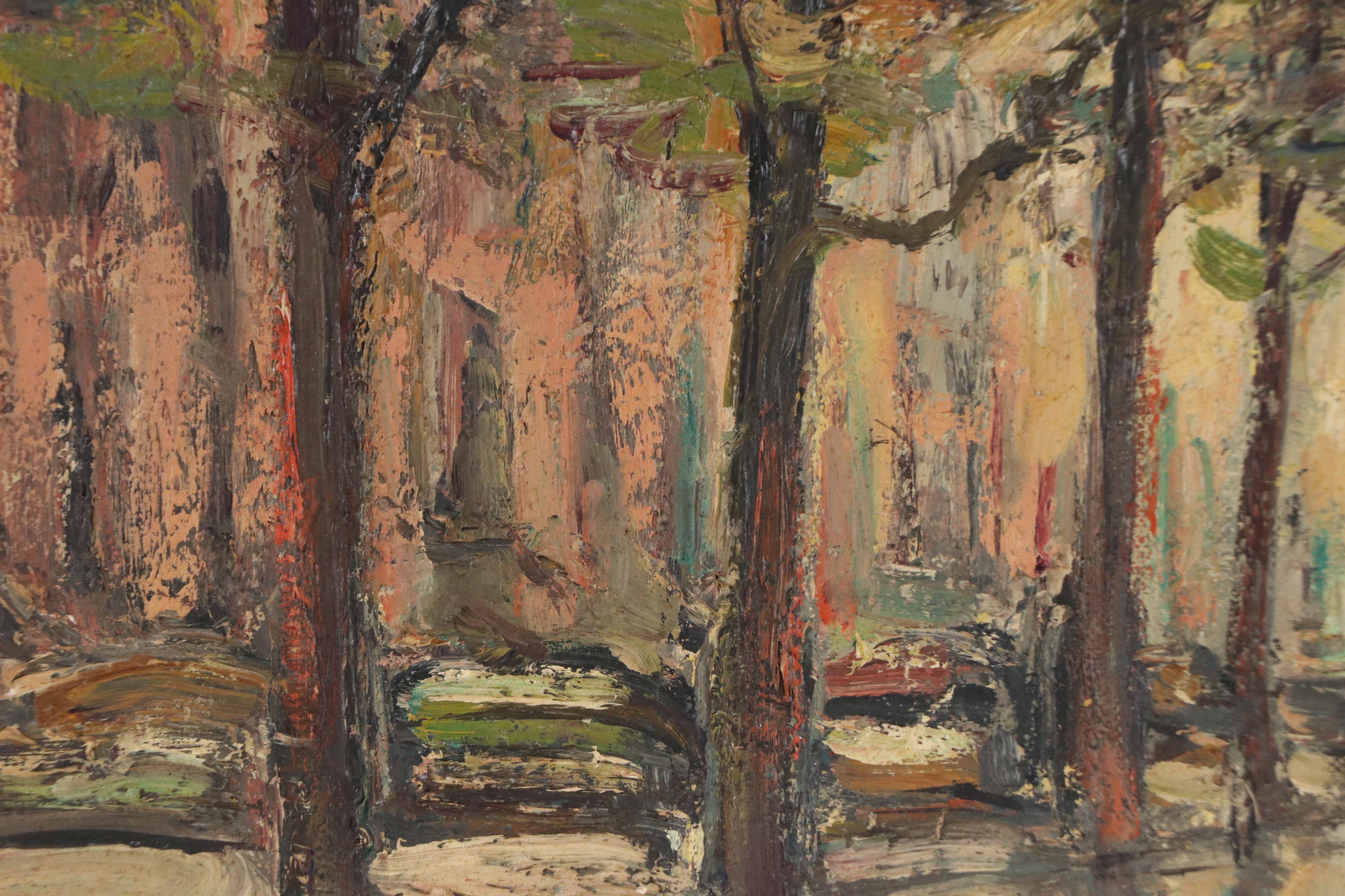 Impressionist Style Impasto Oil Painting of Figures on Tree-Lined Street, 1959