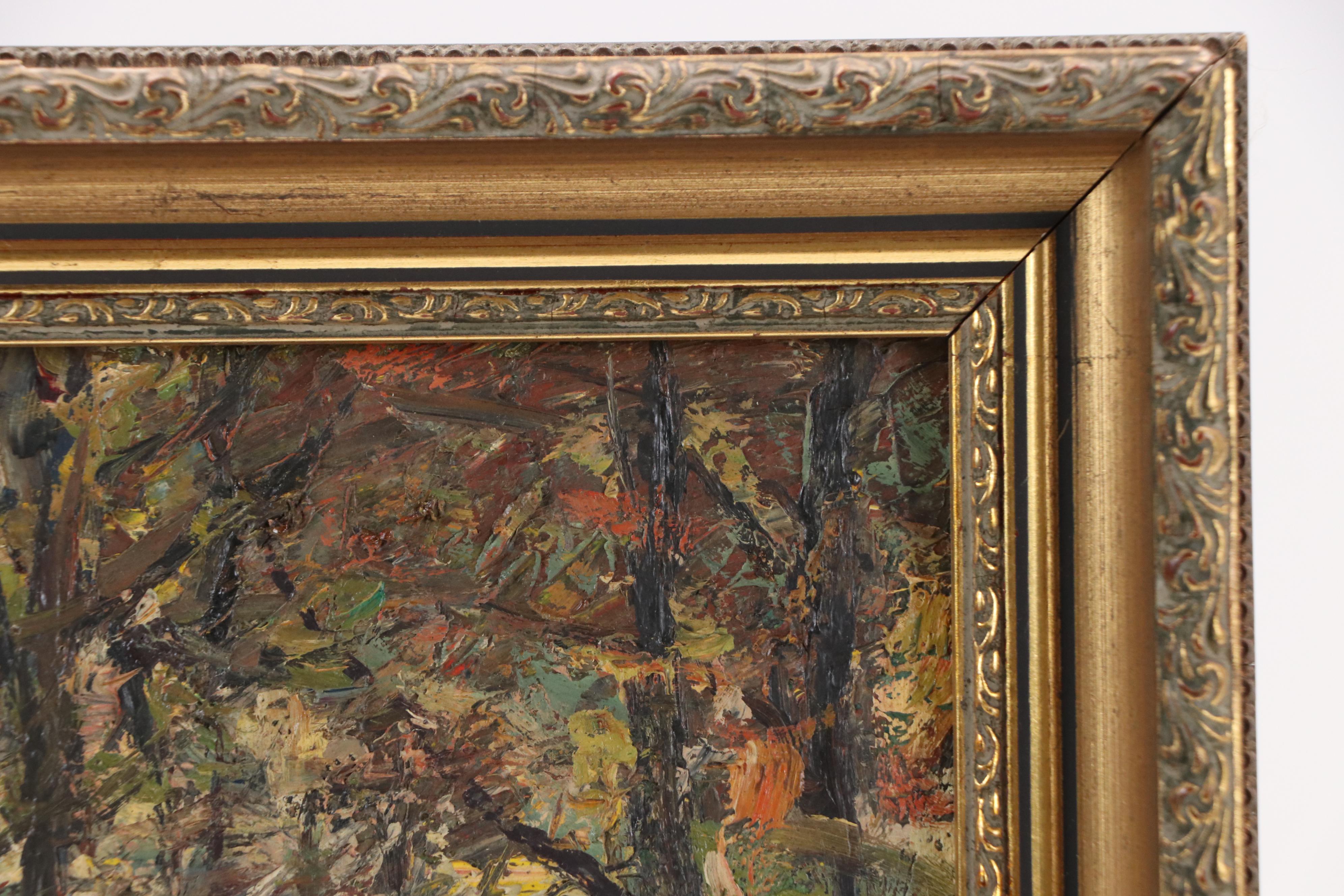 Impressionist Style Impasto Oil Painting of Figures on Tree-Lined Street, 1959