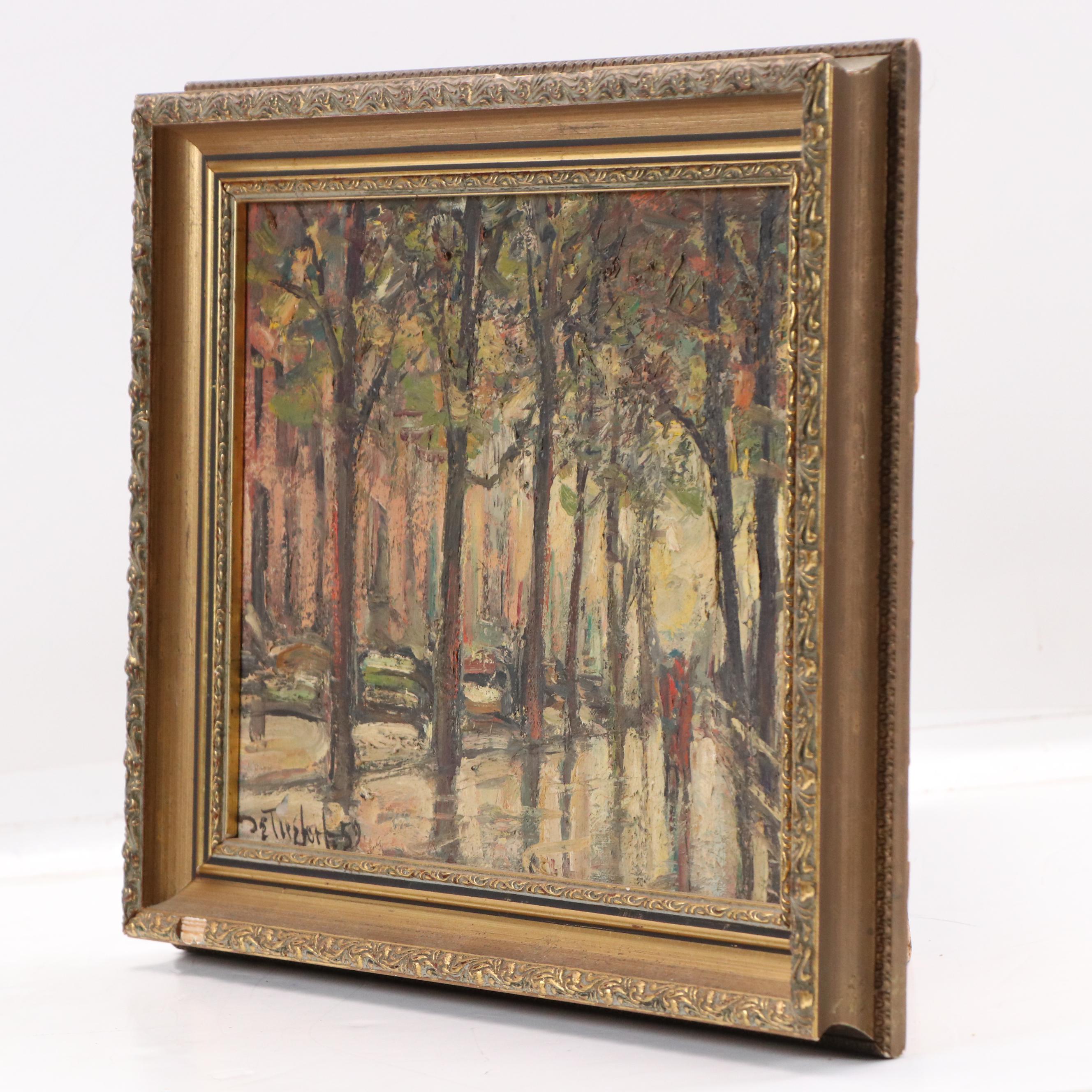 Impressionist Style Impasto Oil Painting of Figures on Tree-Lined Street, 1959