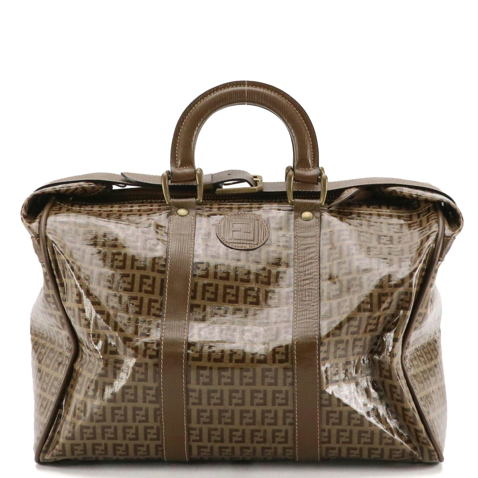 Fendi Belted Boston Travel Bag in Zucchino Canvas and Textured Leather Trim