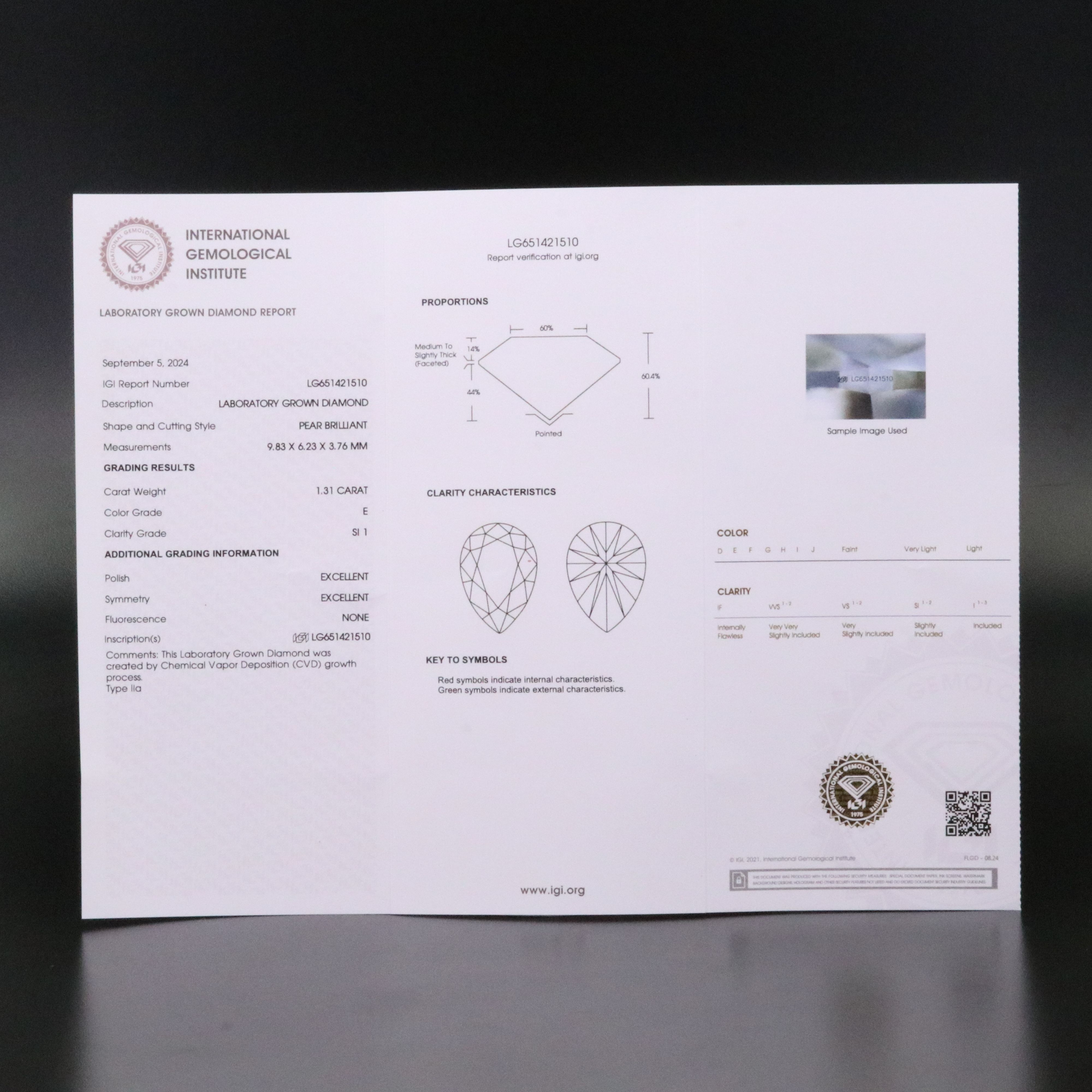 Loose 1.31 CT Lab Grown Diamond with IGI Report