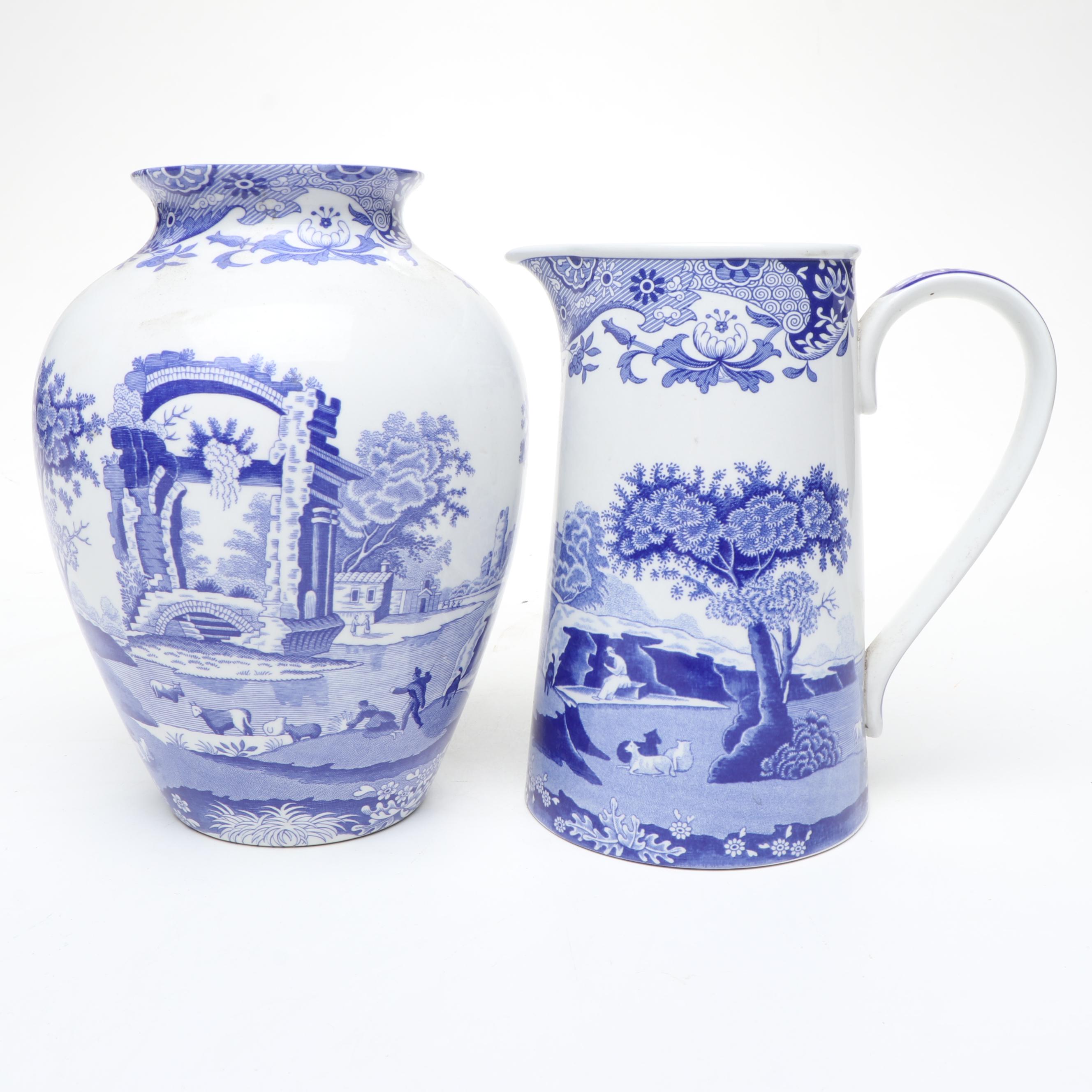 Spode "Italian" Ceramic Vase on Wood Base with Ceramic Pitcher and Footed Bowl